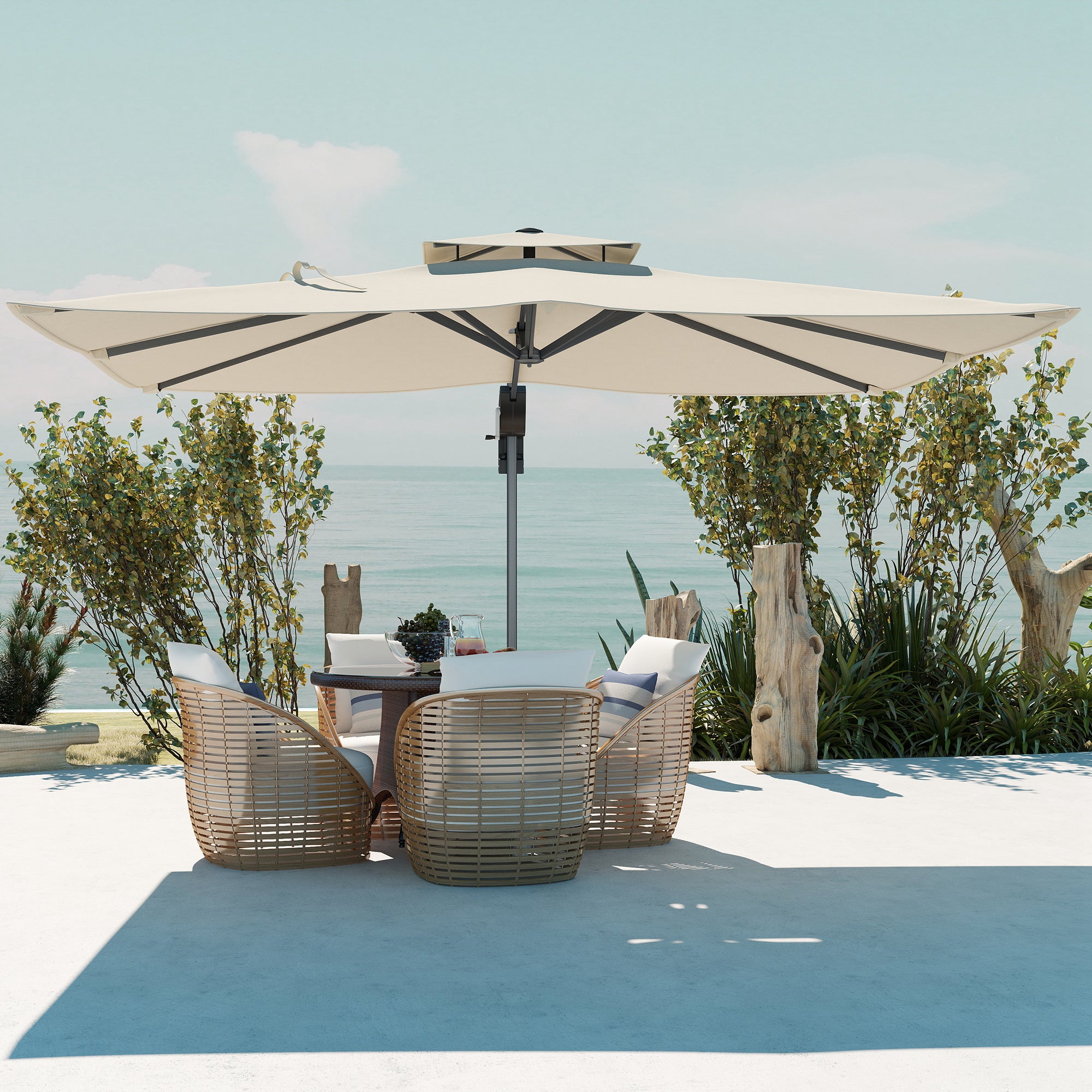 Outsunny 3.7 x 2.7 m Cantilever Parasol w/ 360√Ç¬∞ Rotation and Easy Tilt Adjustment, Aluminium Hanging Offset Outdoor Umbrella w/ Double Top, Cross Base, UPF50+ Hanging Sun Shade, Grey Wood Effect Pole