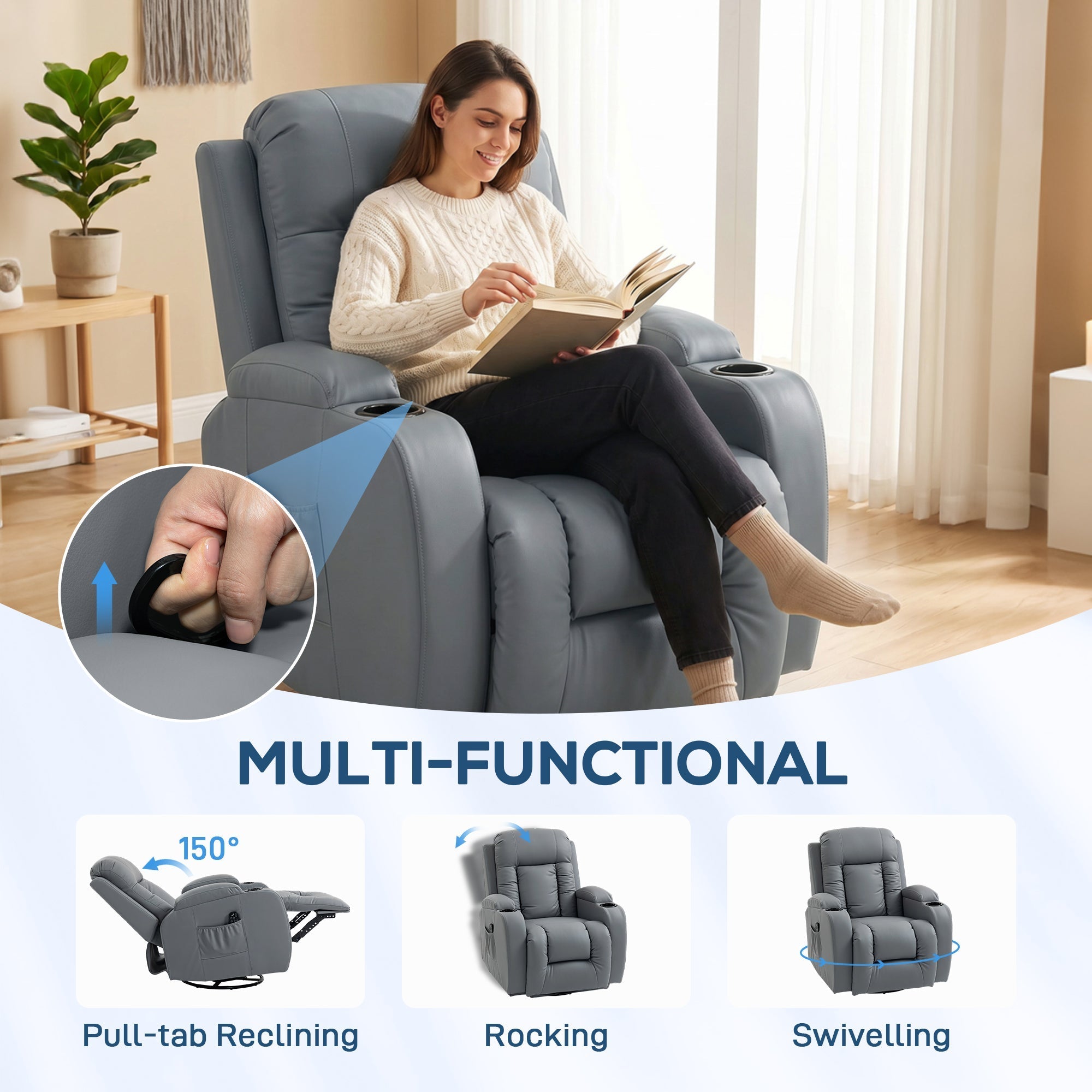 HOMCOM Massage Recliner Armchair, PU Leather Recliner Chair, Grey