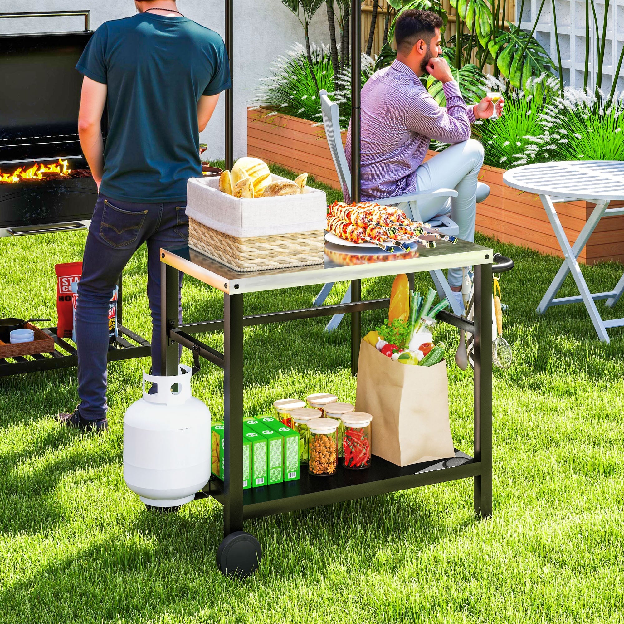 Outsunny Outdoor Grill Dining Cart 2-Shelf Movable Pizza Oven Table Stand with Stainless Steel Top, Portable BBQ Trolley Food Prep Outdoor Kitchen Barbecue Station with Hooks Wheels, Charcoal Grey