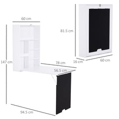 HOMCOM Folding Wall-Mounted Drop-Leaf Table, Convertible Wall Table With Chalkboard and Storage Shelf, Multifunctional Floating Desk for Home Office, White