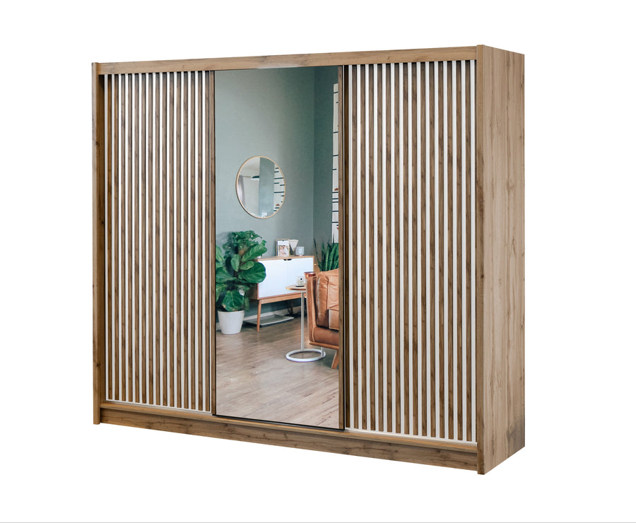 Oak Wotan / White Mirrored Sliding Door Wardrobe 250cm – WINDSOR