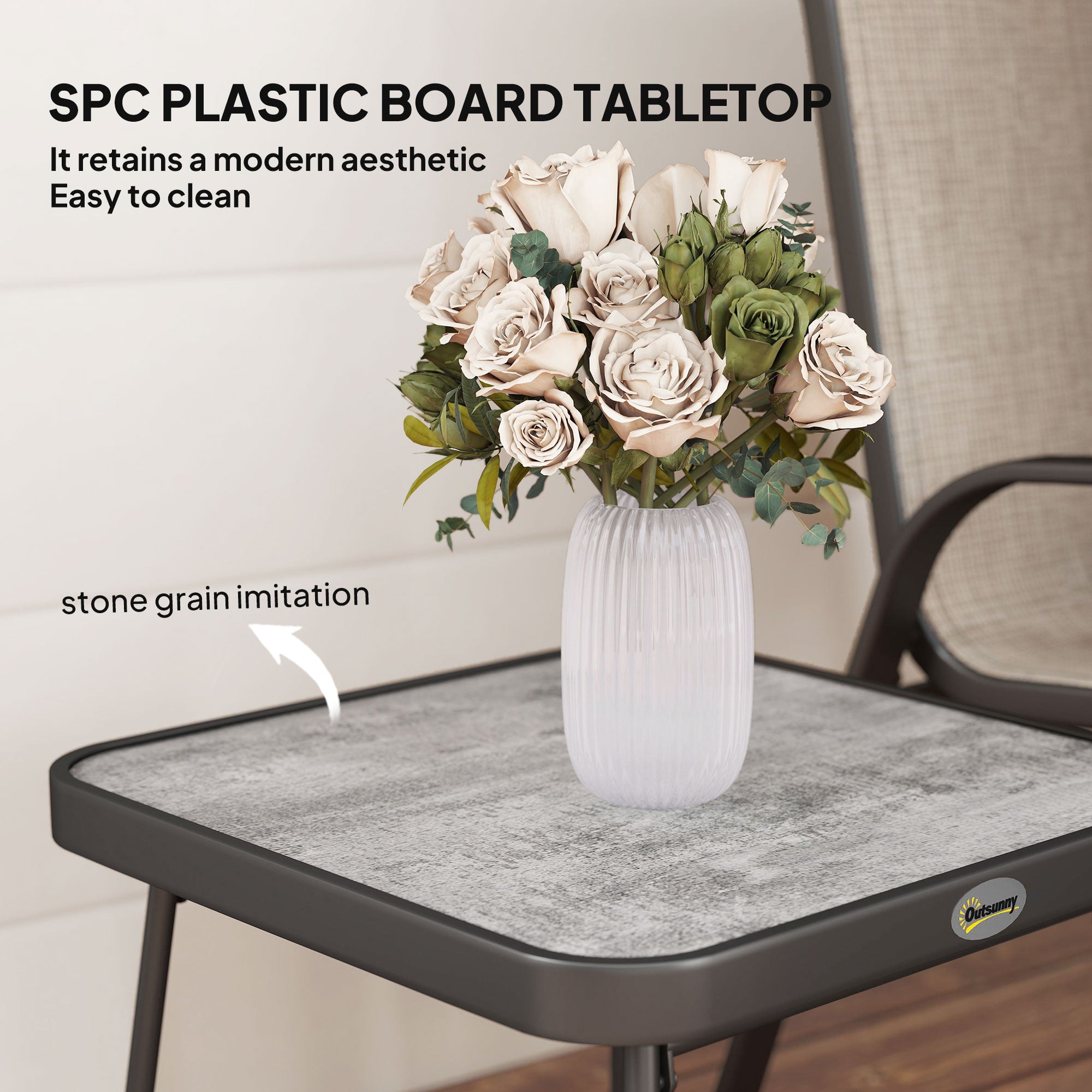 Outsunny 3 Pieces Outdoor Bistro Set, Patio Stackable Armchairs with Breathable Mesh Fabric and SPC Board Coffee Table, Brown