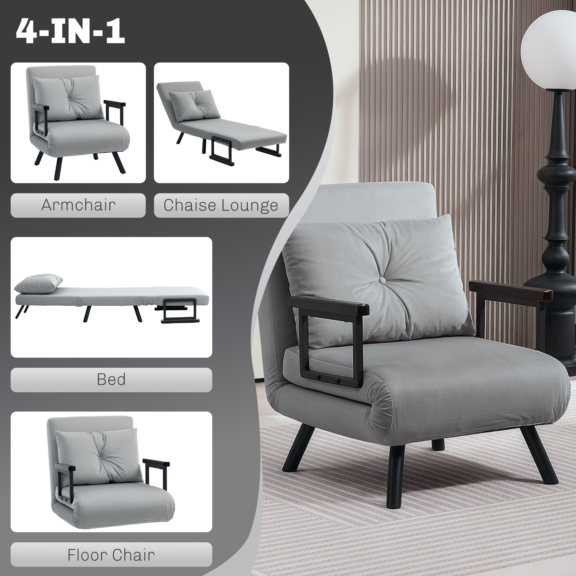 HOMCOM 4-in-1 Velvet-Feel Single Chair Bed, with Pillow - Light Grey