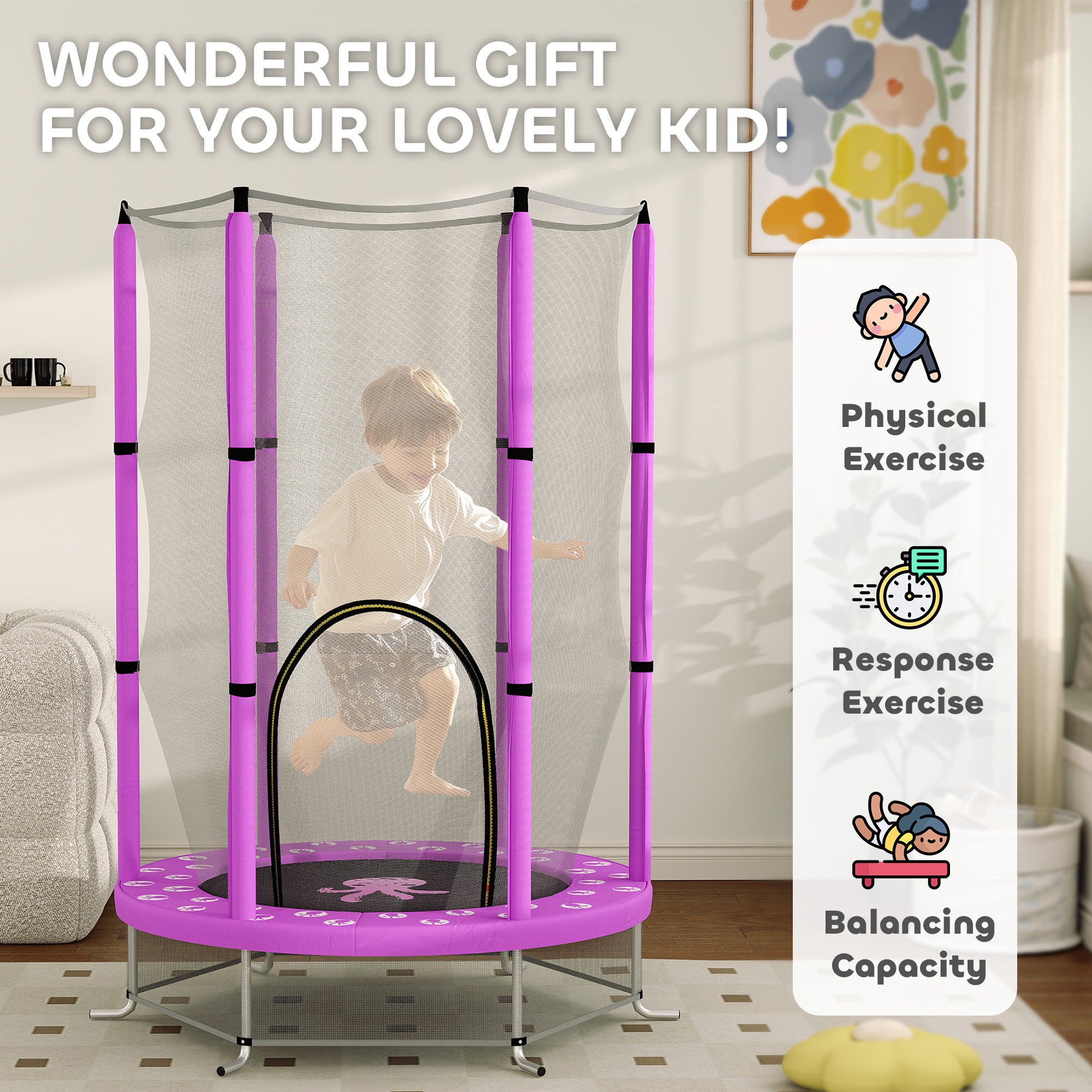 AIYAPLAY 4.6ft Toddler Trampoline w/ Safety Enclosure Net, for Indoor Outdoor Use, Ages 3-6 Years, Purple