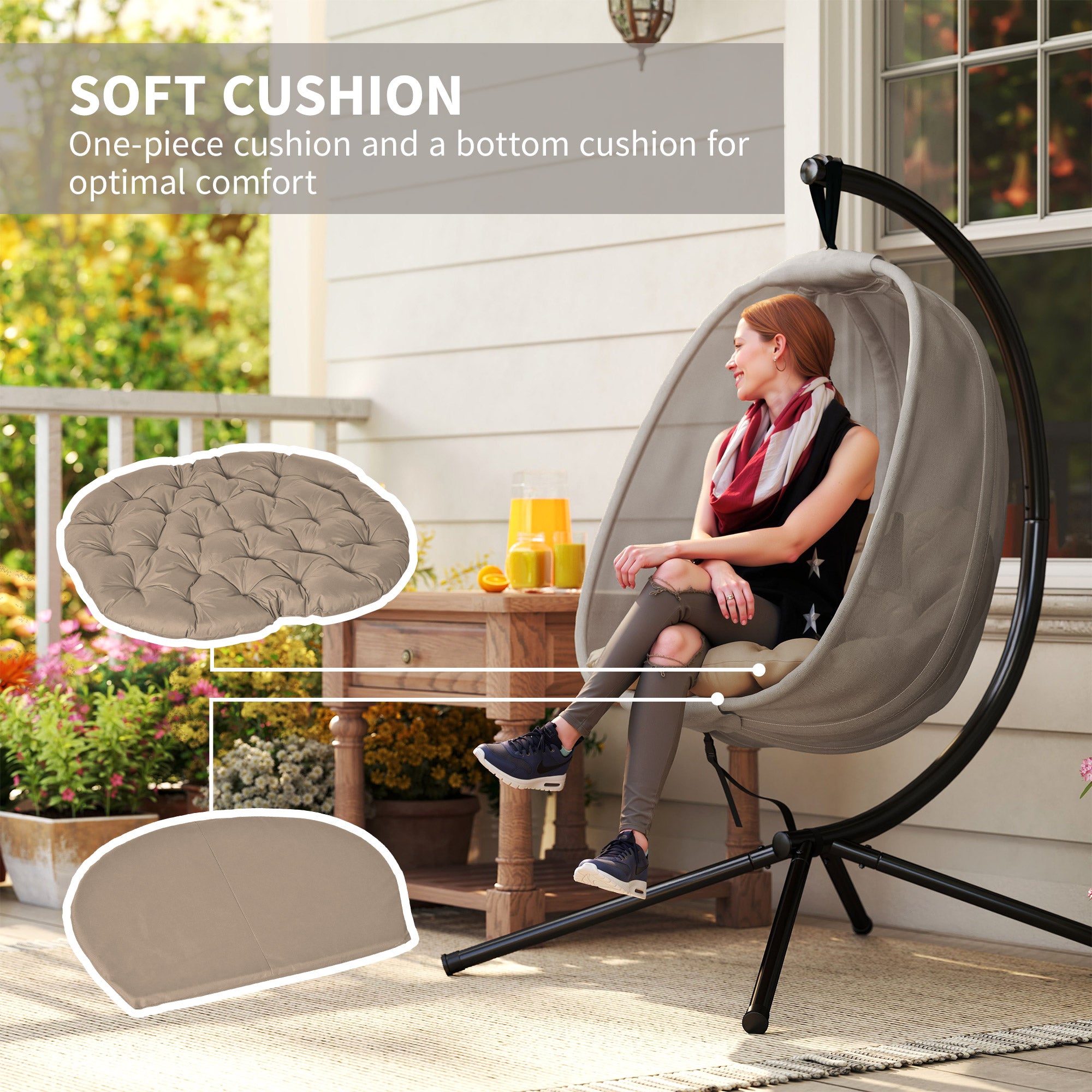 Outsunny Hanging Egg Chair, Folding Texteline Swing Hammock with Side Pocket, Cushion and Stand for Indoor Outdoor, Patio Garden Furniture, Khaki