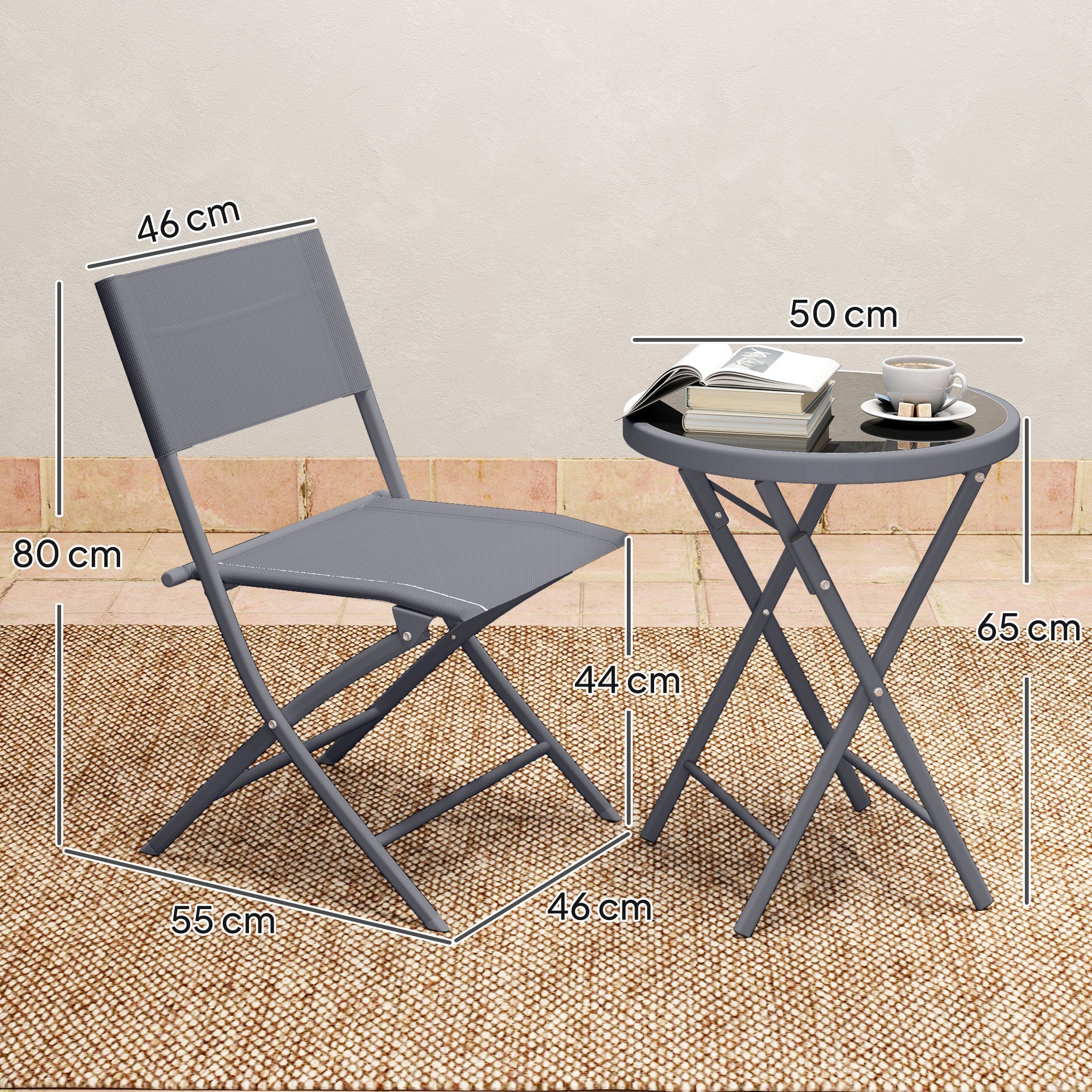 Outsunny 3 Pieces Outdoor Bistro Set, Glass Top Outdoor Table and 2 Folding Chairs with Protecting Feet, Grey