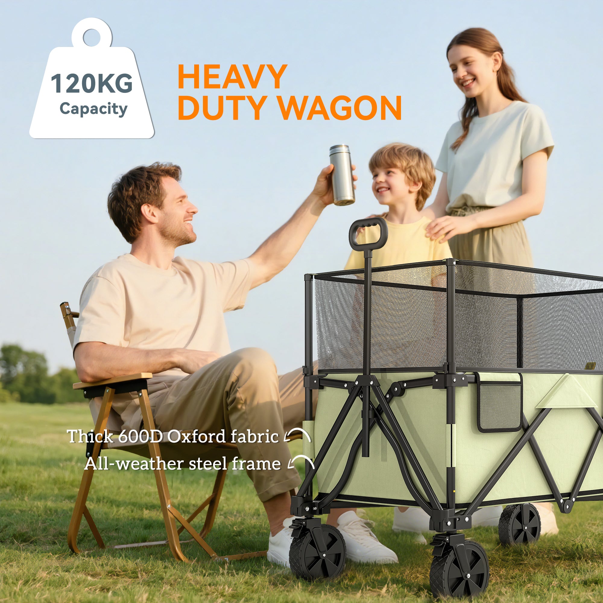 Outsunny Folding Garden Trolley, 180L Wagon Cart with Extendable Side Walls, for Beach, Camping, Festival, Green