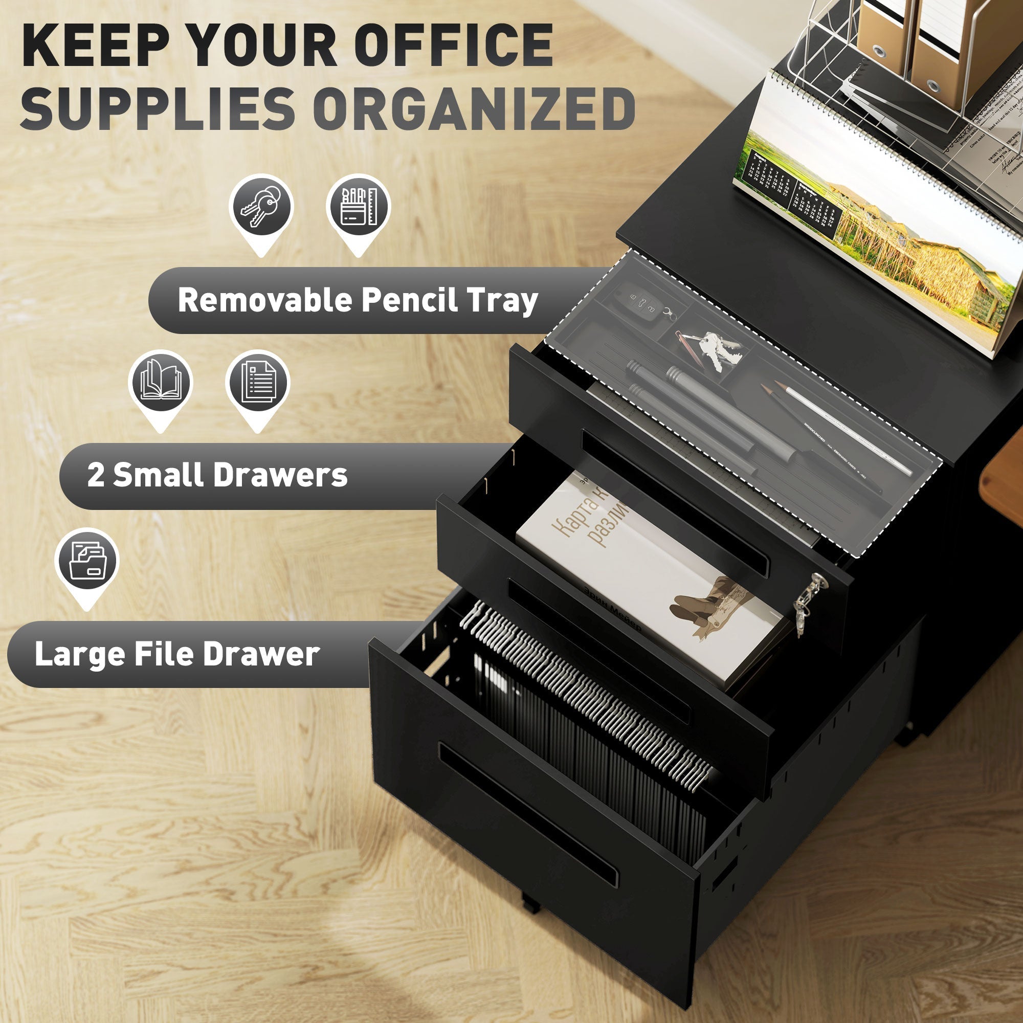 Vinsetto Three-Drawer Steel Filing Cabinet - Black