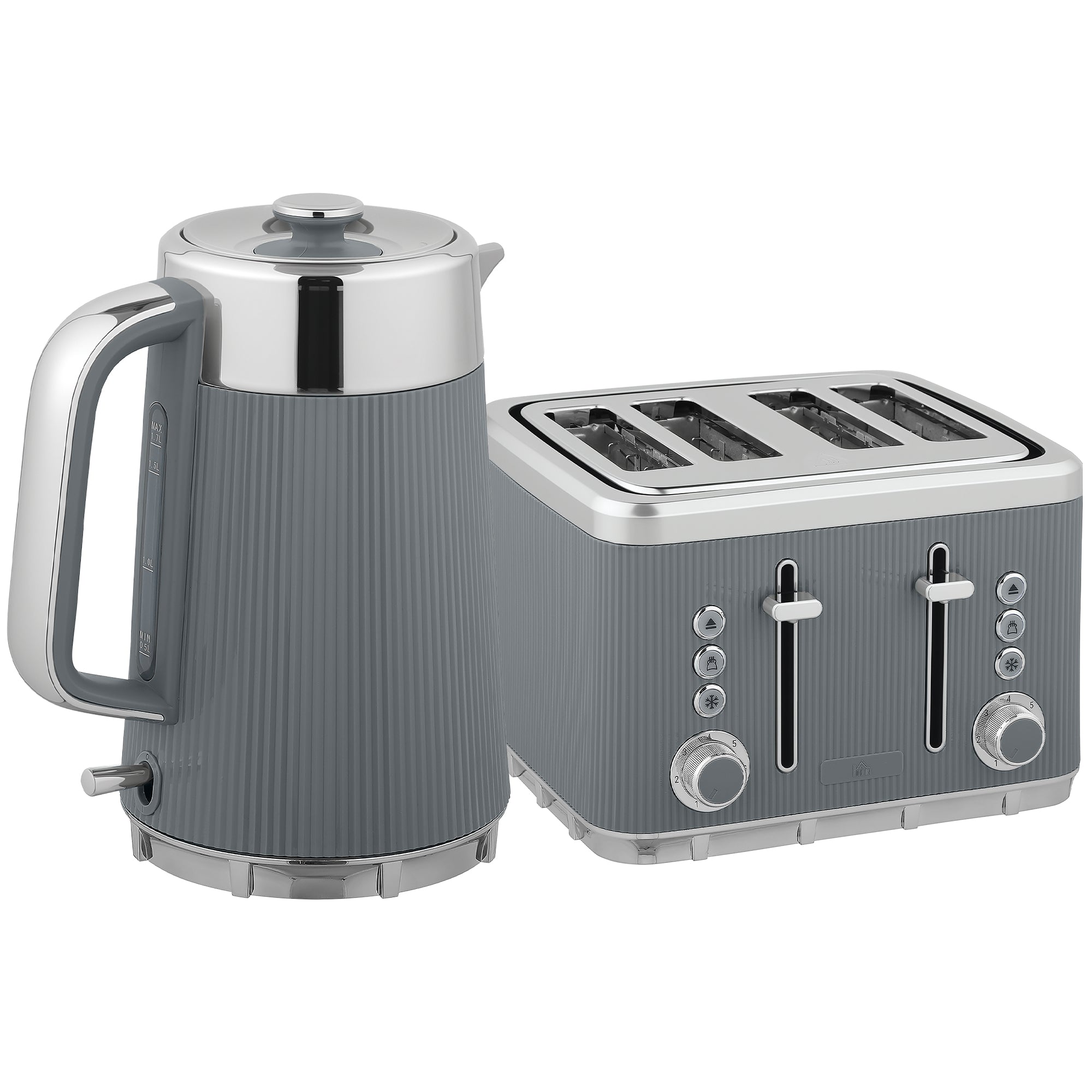 HOMCOM Electric Kettle and Toaster Set, 3000W 1.7L UK Strix Thermostat Rapid Boil Jug Kettle with Limescale Filter, Cool Touch Body, 4 Slice Toaster with 7 Browning Controls, Crumb Tray, Grey