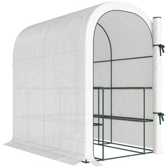 Outsunny Walk-in Greenhouse with Shelves, Small Greenhouse with PE Cover and Roll-up Door, 123 x 187 x 189 cm, White