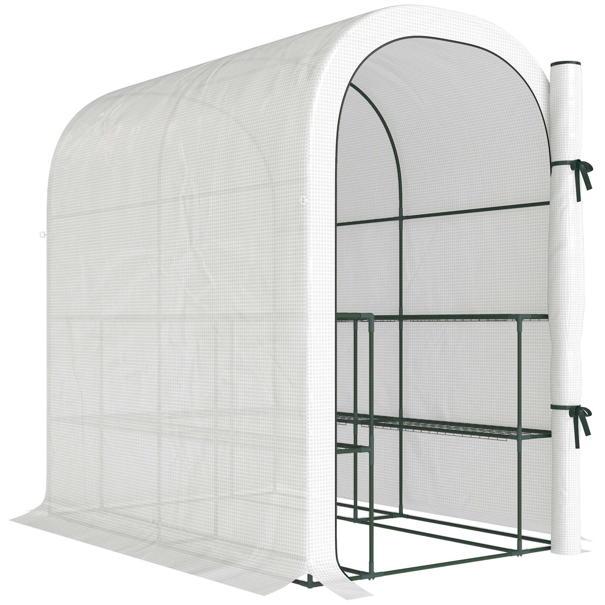 Outsunny Walk-in Greenhouse with Shelves, Small Greenhouse with PE Cover and Roll-up Door, 123 x 187 x 189 cm, White
