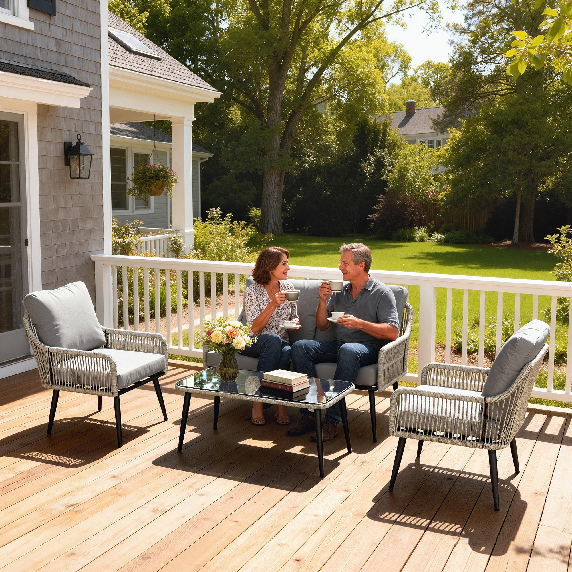 Outsunny Rattan Garden Furniture Set, 4 Piece Outdoor Patio Furniture with Tempered Glass Table and Chairs, Indoor Balcony Conservatory Set