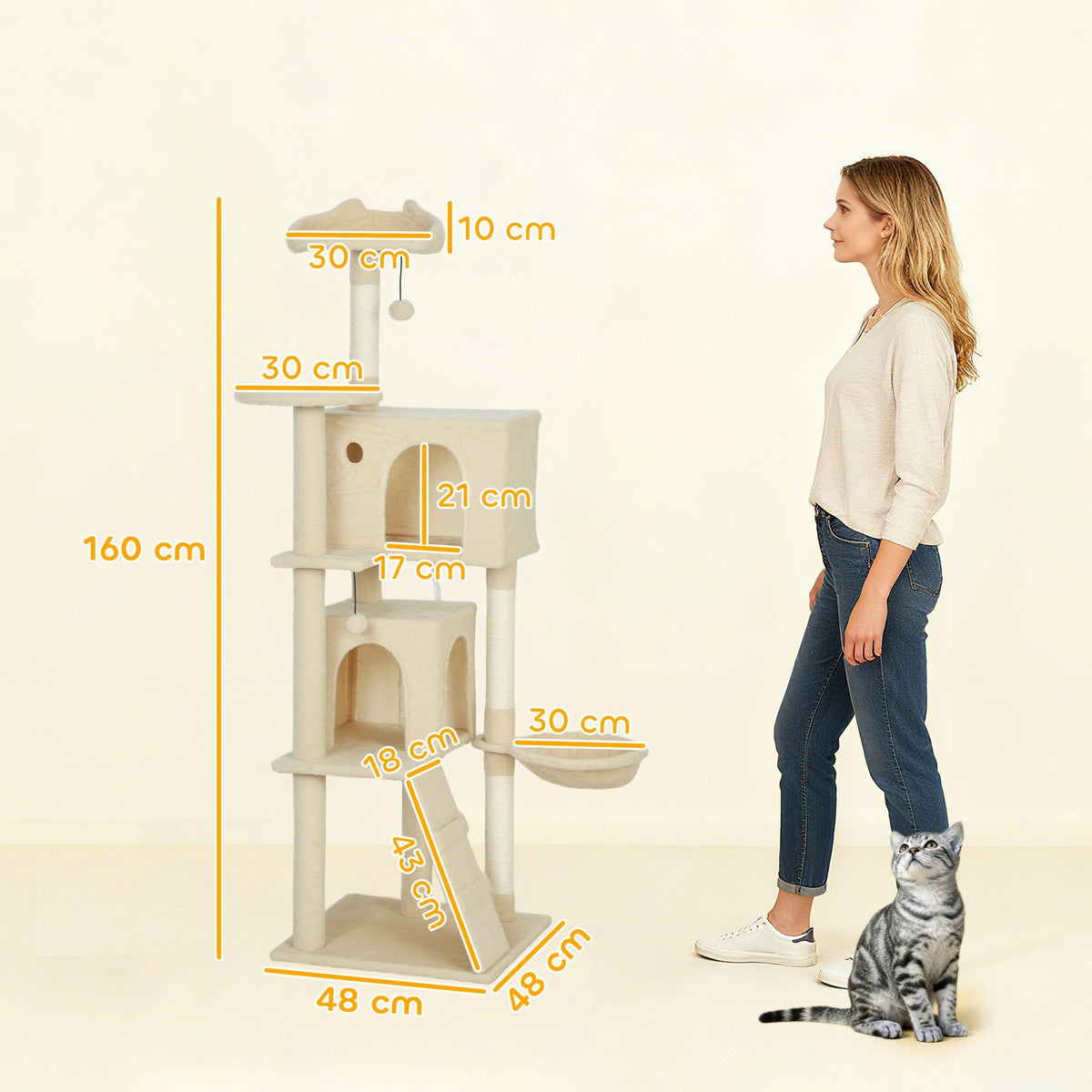 PawHut 160cm Large Cat Tree Tower with Sisal Scratching Posts, Condos, Plush Perches, Hammock, Ladder, Beige