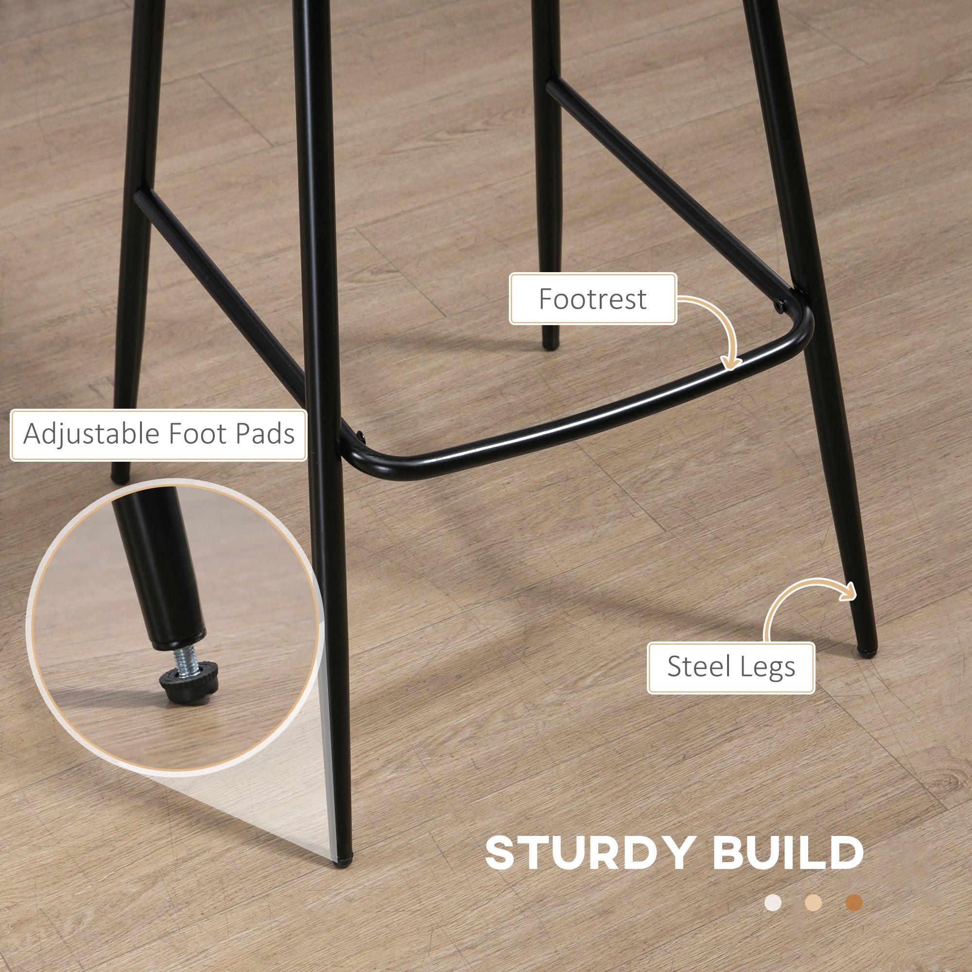 HOMCOM Bar Stools Set of 2, PU Leather Upholstered Bar Chairs, Breakfast Kitchen Counter Chairs with Backs, Steel Legs and Footrests for Dining Room, Brown