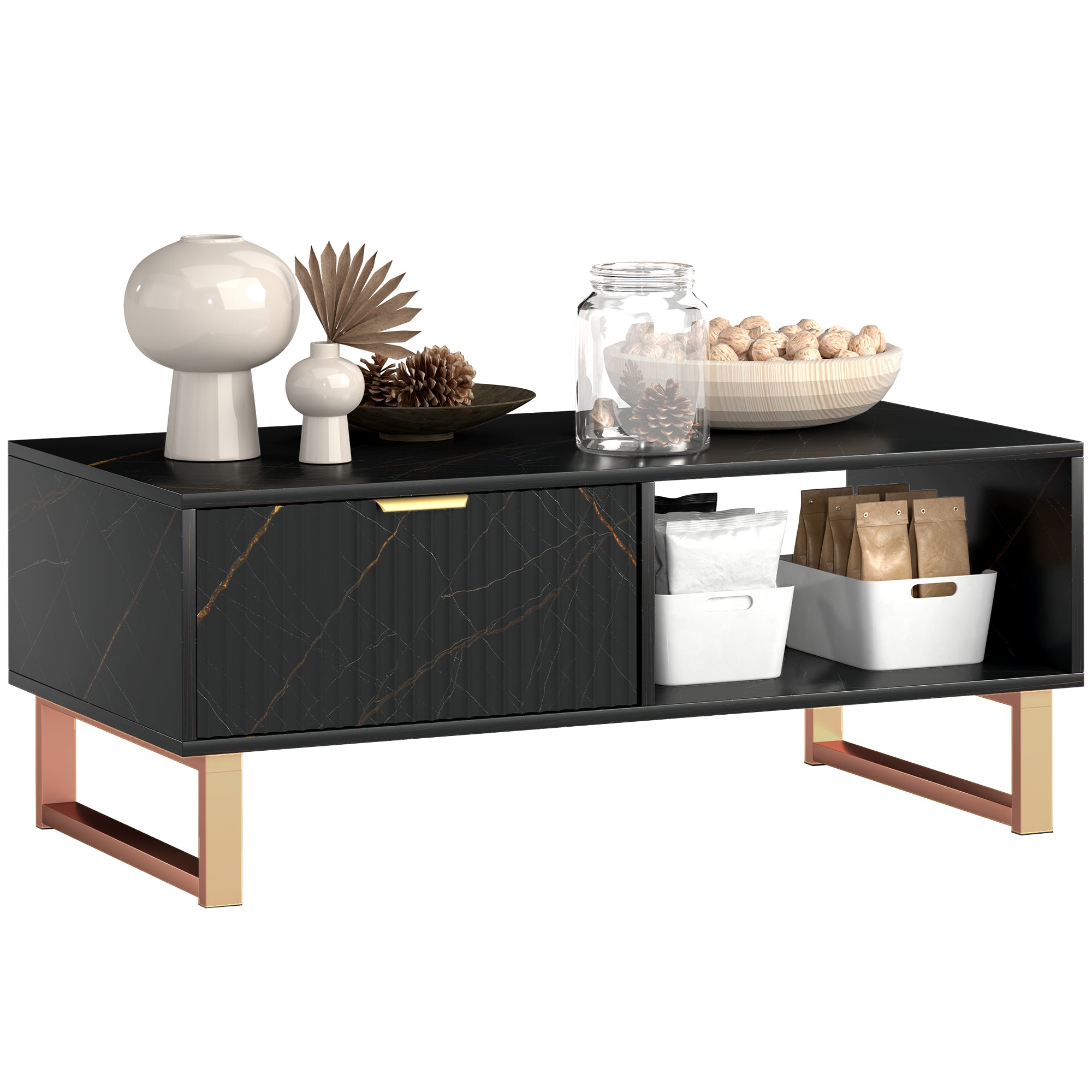 HOMCOM Elegant Marble Effect Storage Coffee Table - Black