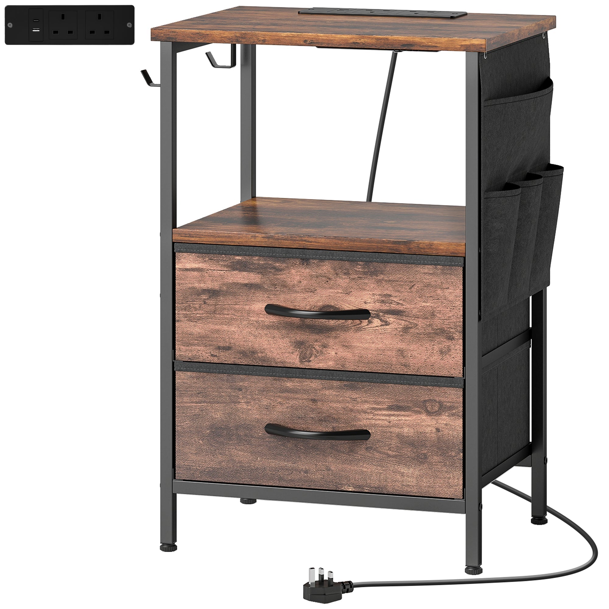 HOMCOM Bedside Table with Charging Station - Rustic Brown