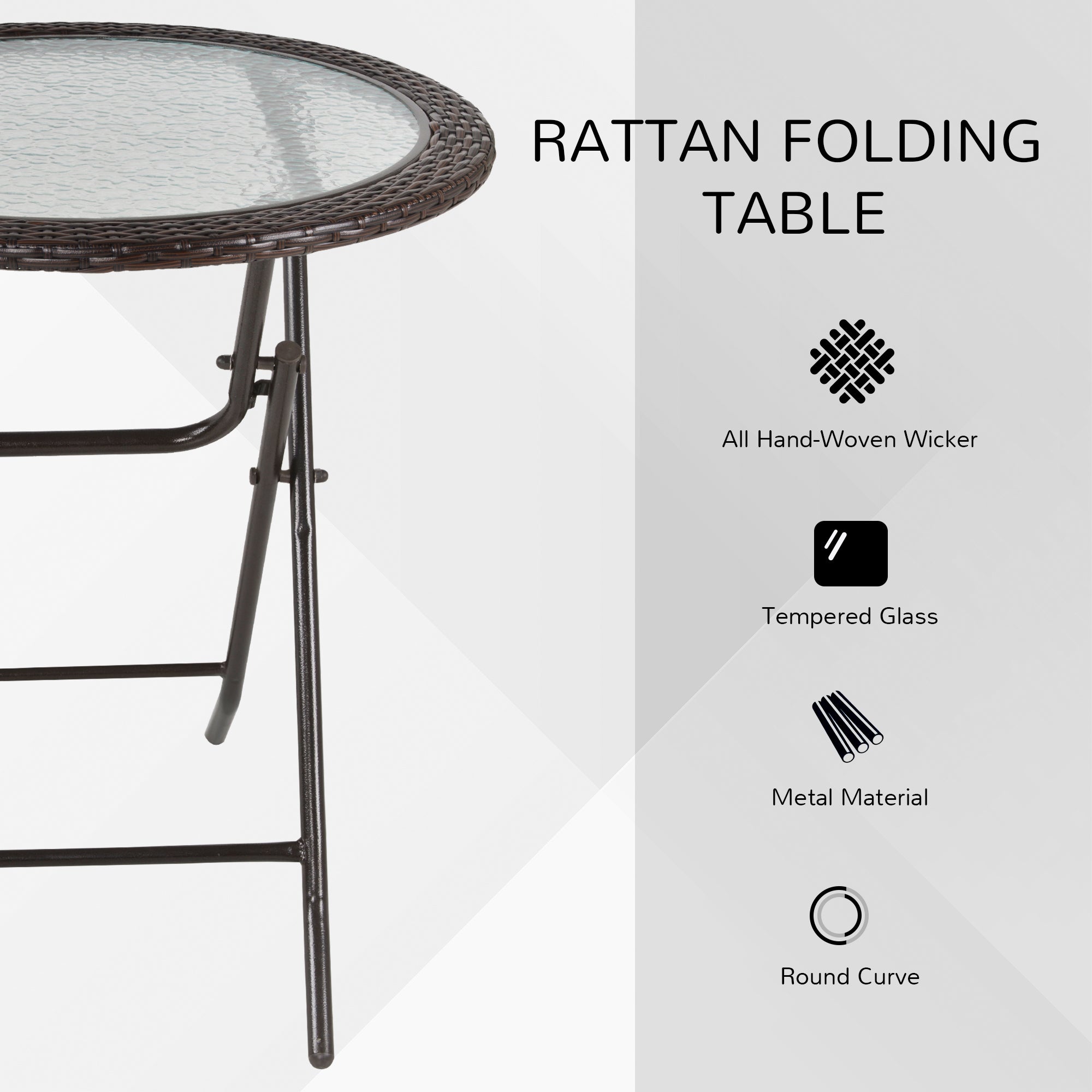 Outsunny Folding Rattan Garden Dining Table, 68 cm Round Rattan Garden Table with Water Ripple Tempered Glass Top, Wicker Edging and Steel Frame for Outdoor, Patio, Brown