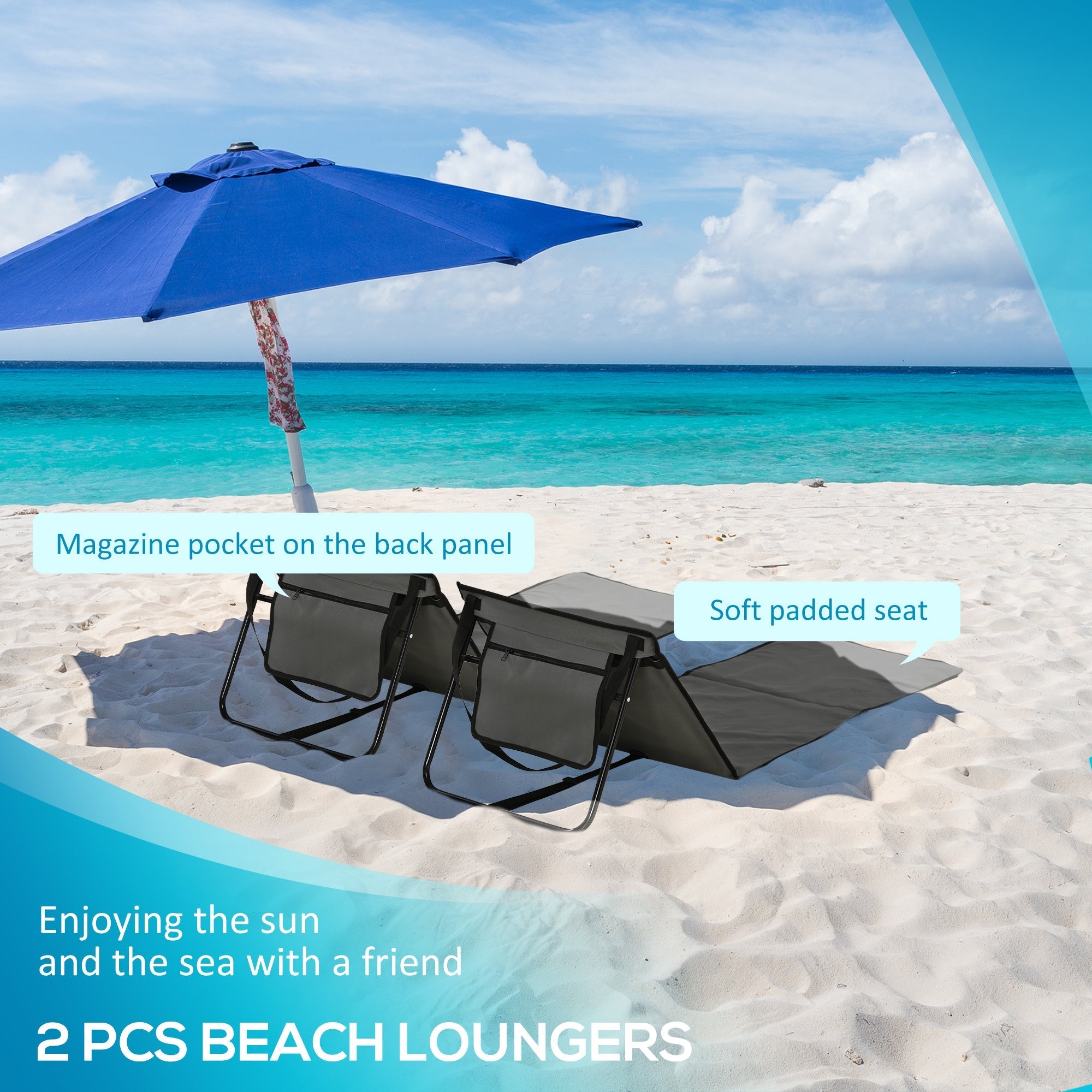 Outsunny Set of 2 Foldable Garden Beach Chair Mat, Outdoor Sun Lounger Seats with Adjustable Back, Magazine Pocket, Carry Bag