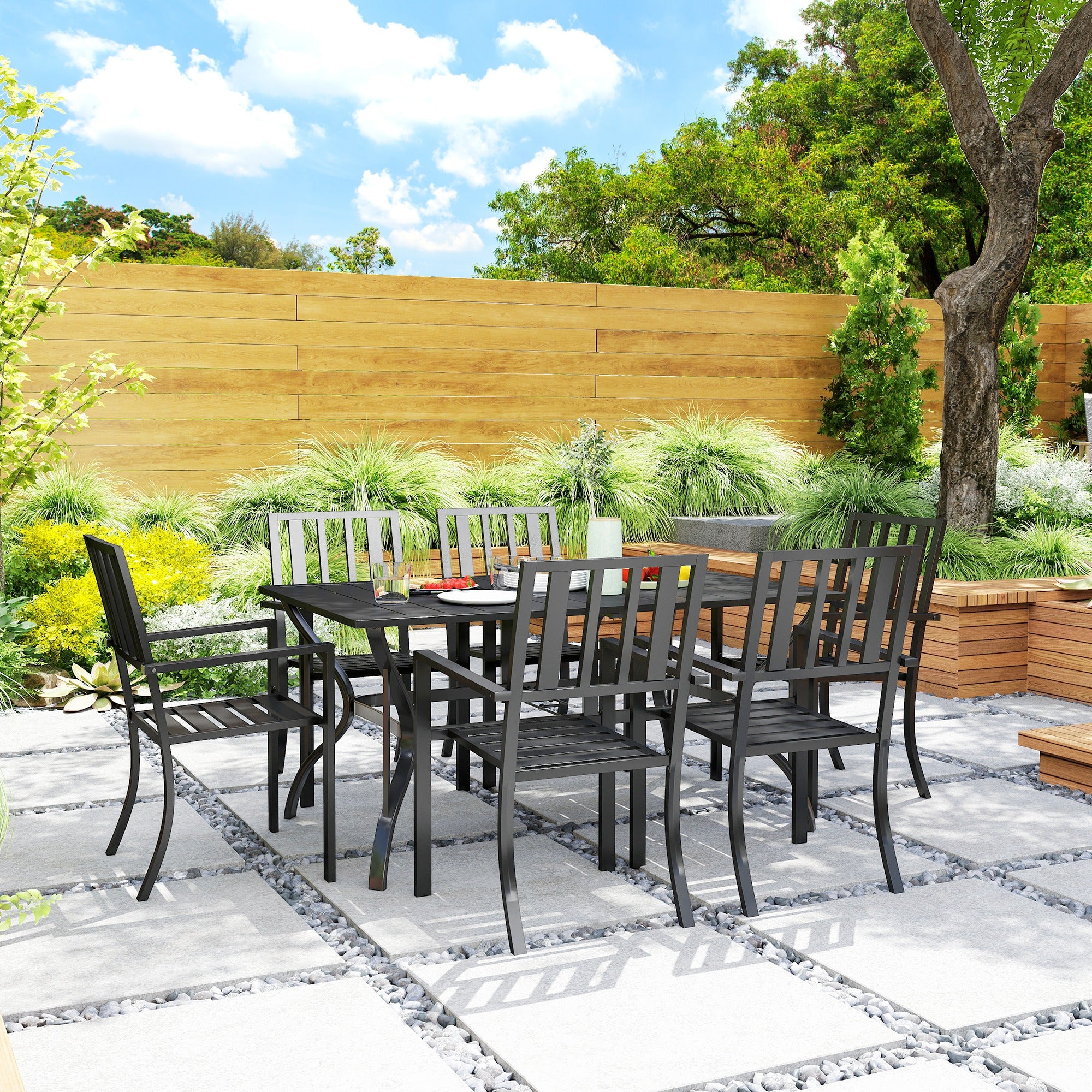 Outsunny 7 Pieces Garden Table and Chairs 6 Seater Outdoor Table and Chairs with Umbrella Hole, for Poolside, Garden, Black