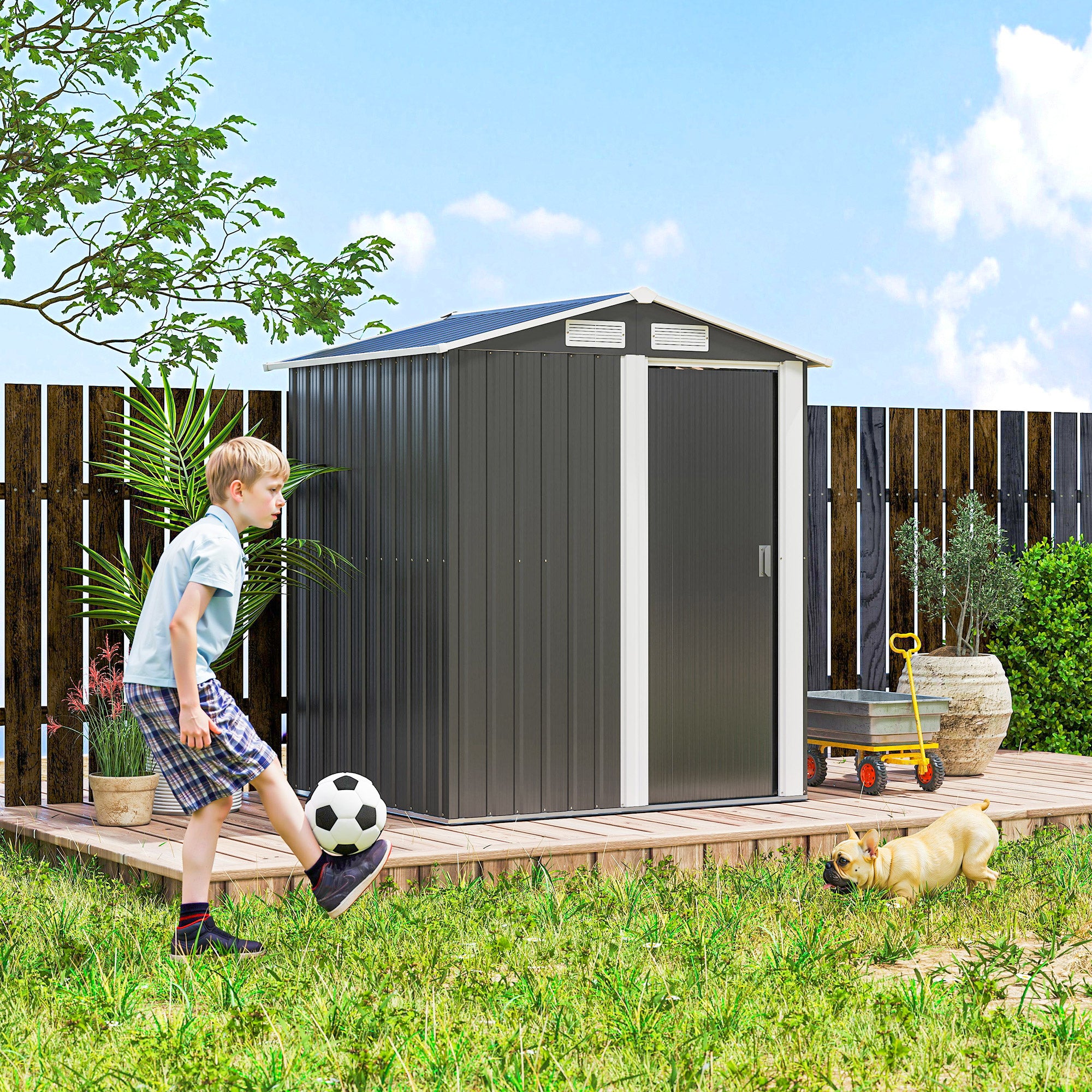 Outsunny Garden Metal Tool Storage Shed with Sliding Door, Sloped Roof and Foundation Kit, 152 x 132 x 188cm, Grey