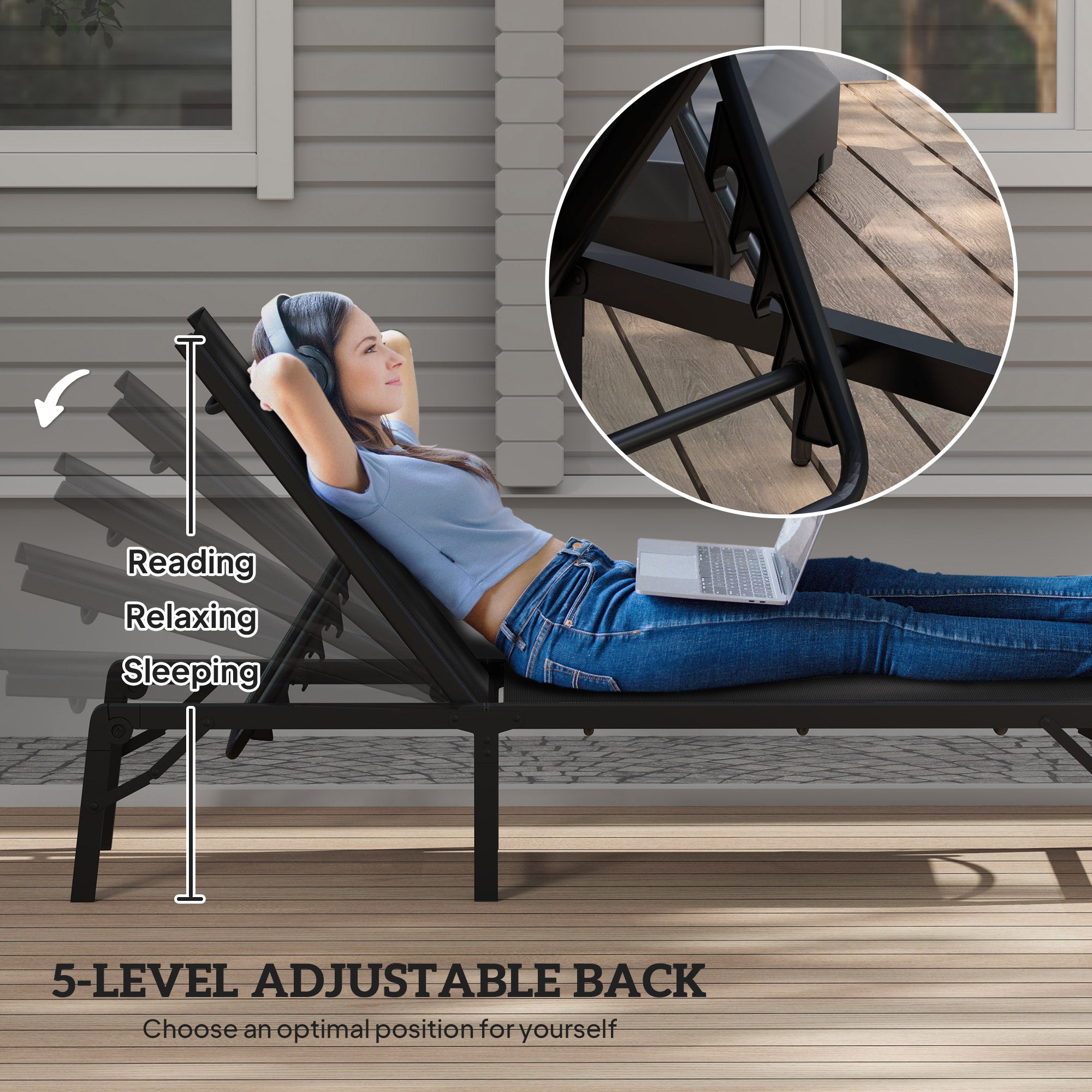 Outsunny Folding Sun Lounger, 5-Position Adjustable Reclining Garden Lounger, Garden Chaise Lounge Sunbed Recliner Chair with Steel Frame for Beach, Porch, Patio, Camping, Black