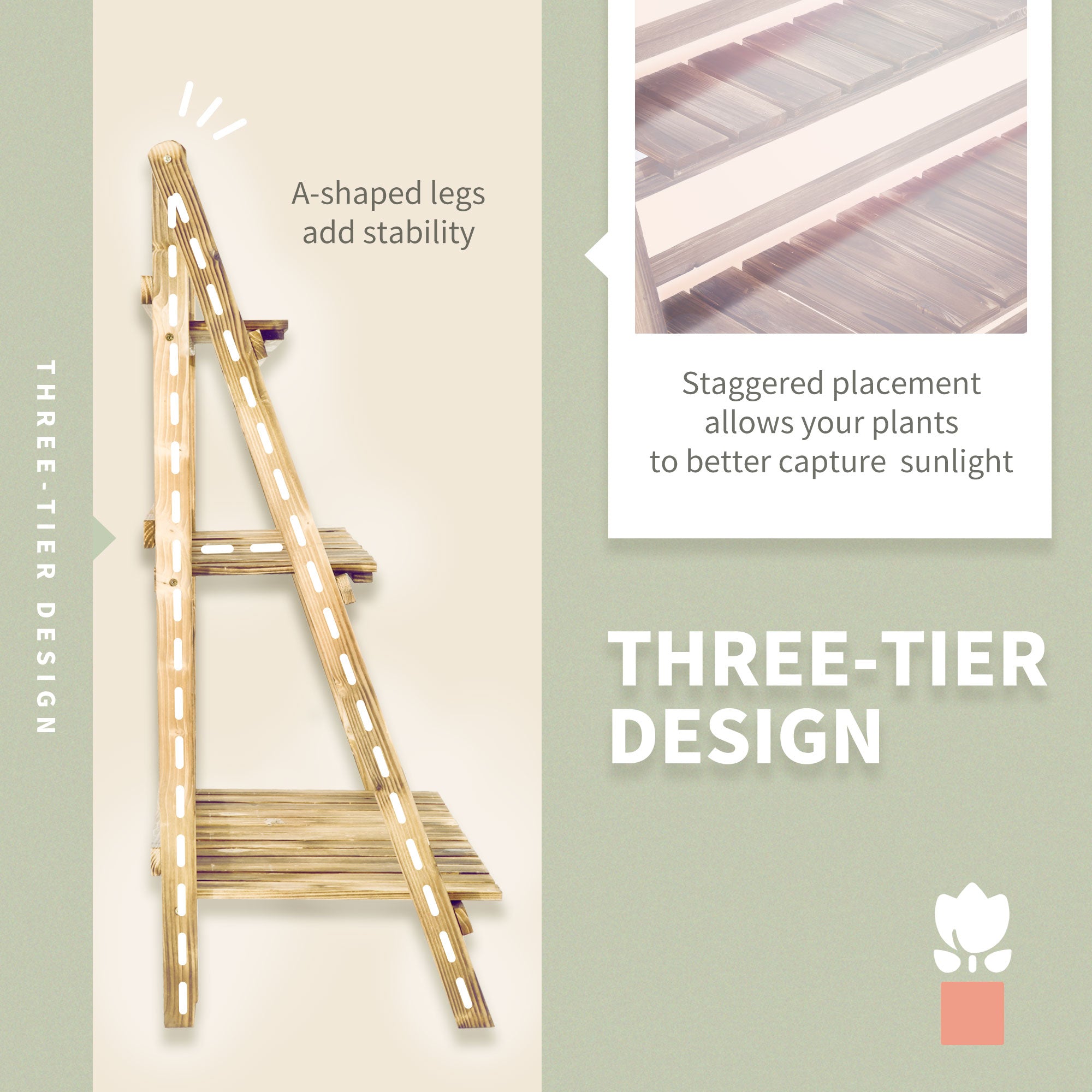 Outsunny Wooden Folding Flower Pot Stand 3 Tier Garden Planter Display Ladder Gardener Storage Shelves Rack Herb Holder (100L x 37W x 93H cm)