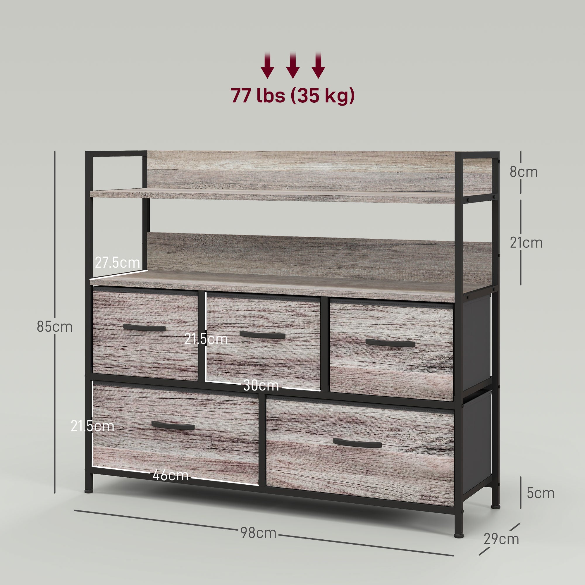 HOMCOM Rustic Chest of Five Fabric Drawers - Grey Wood Effect