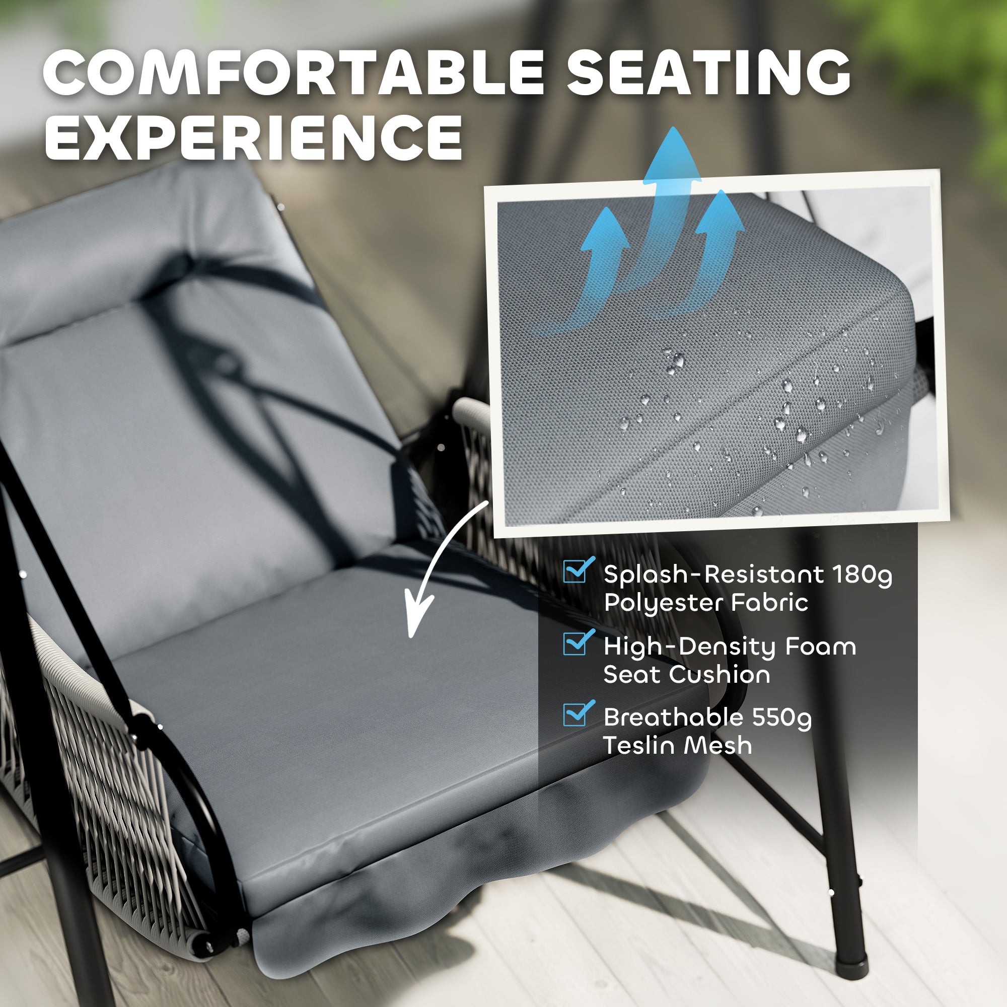 Outsunny Rattan Swing Chair, Outdoor Garden Hanging Swing Seat with Stand and Seat Cushion, Porch Hanging Chair for Balcony, Garden, Deck, Light Grey