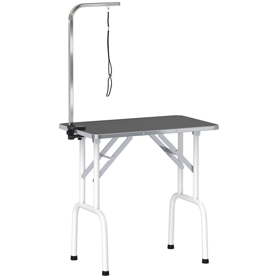 PawHut 32" Foldable Dog Grooming Table Pet Drying Beauty Table Adjustable Fixed Arm Rubber Top, Black