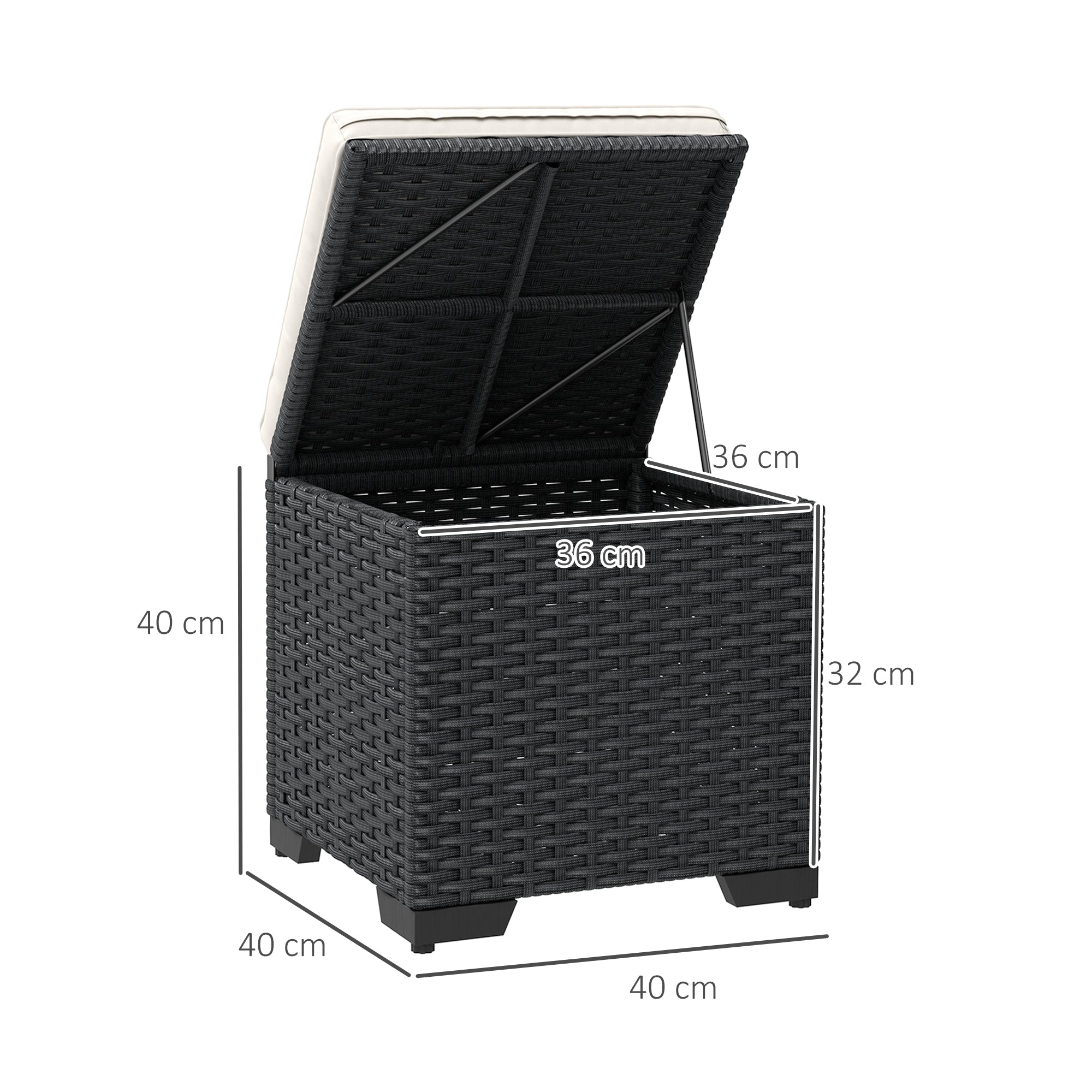 Outsunny Set of 2 Rattan Storage Ottoman, Outdoor Footstool with Removable Cushions, Garden Storage Seat for Balcony, Porch, Living Room, Cream