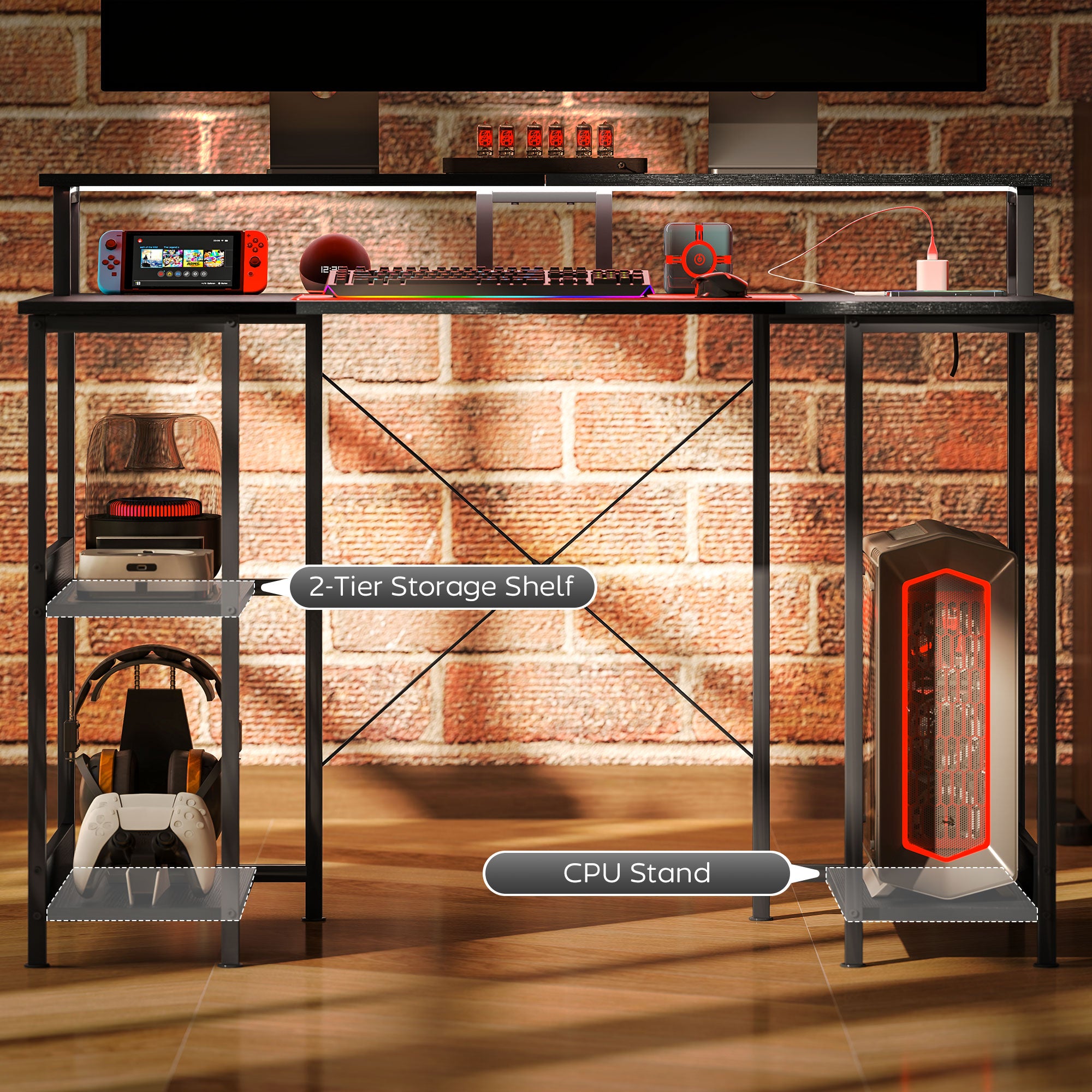 HOMCOM LED Computer Desk, with Power Outlets and Shelves - Black