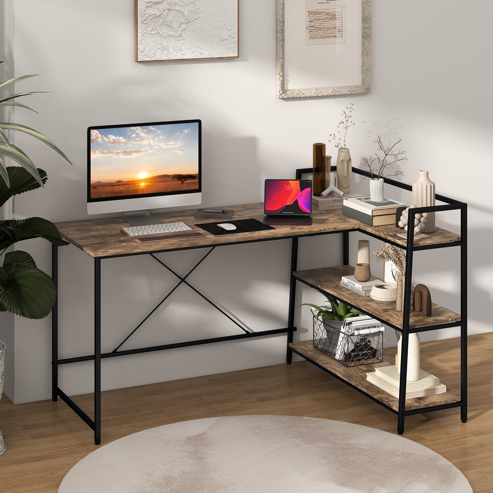 Reversible L-Shaped Computer Desk with Open Storage Shelves-Rustic Brown