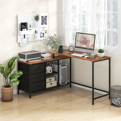 The office desk set up in a bright room with a computer and printer on the rustic brown surface