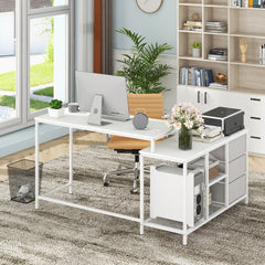 The office desk positioned in a home study with a chair and bookshelf in the background