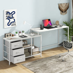 The office desk with the three fabric drawers pulled open to show the storage space inside