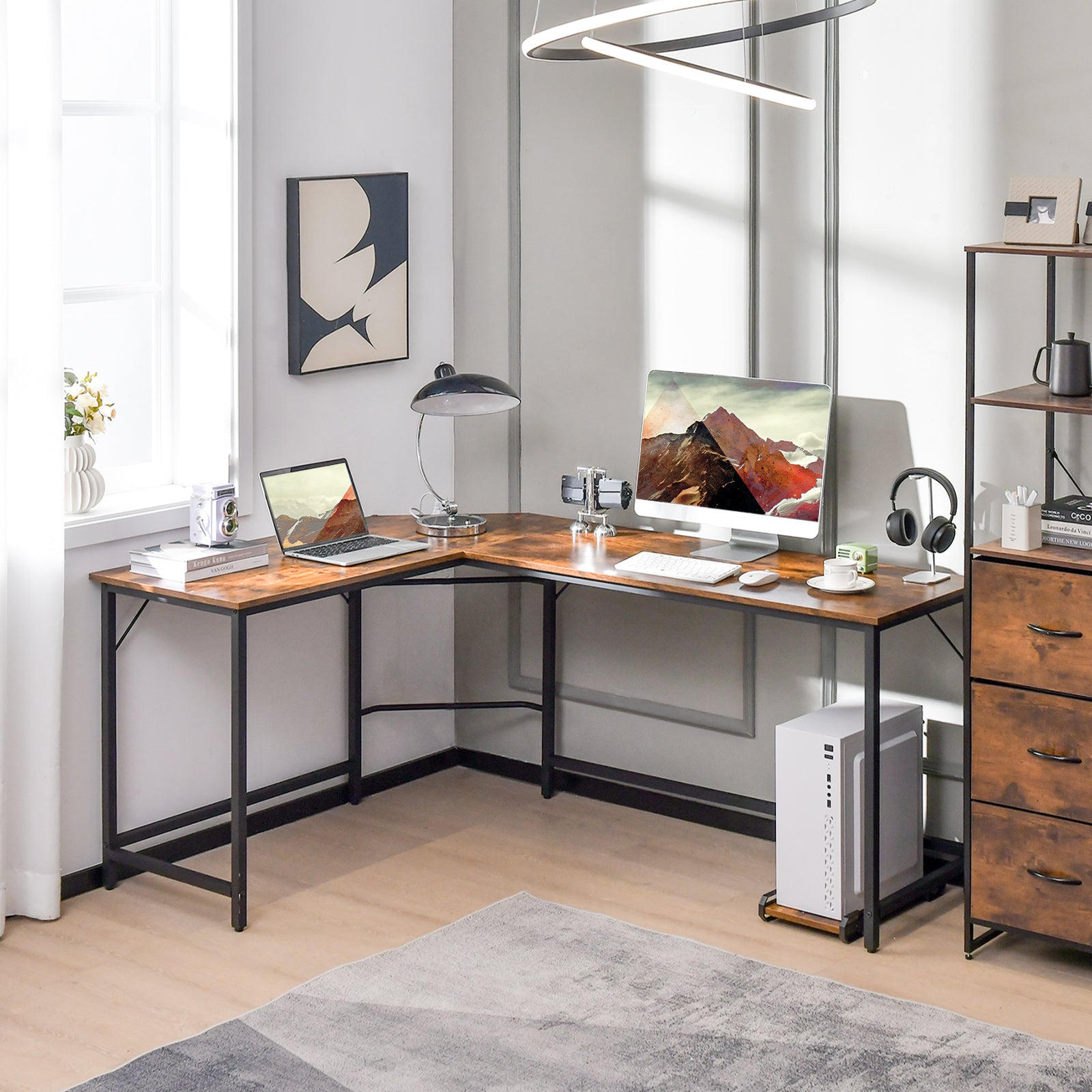 L-Shaped Desk with Power Outlet CPU Stand and Heavy-duty Metal Frame-Rustic Brown