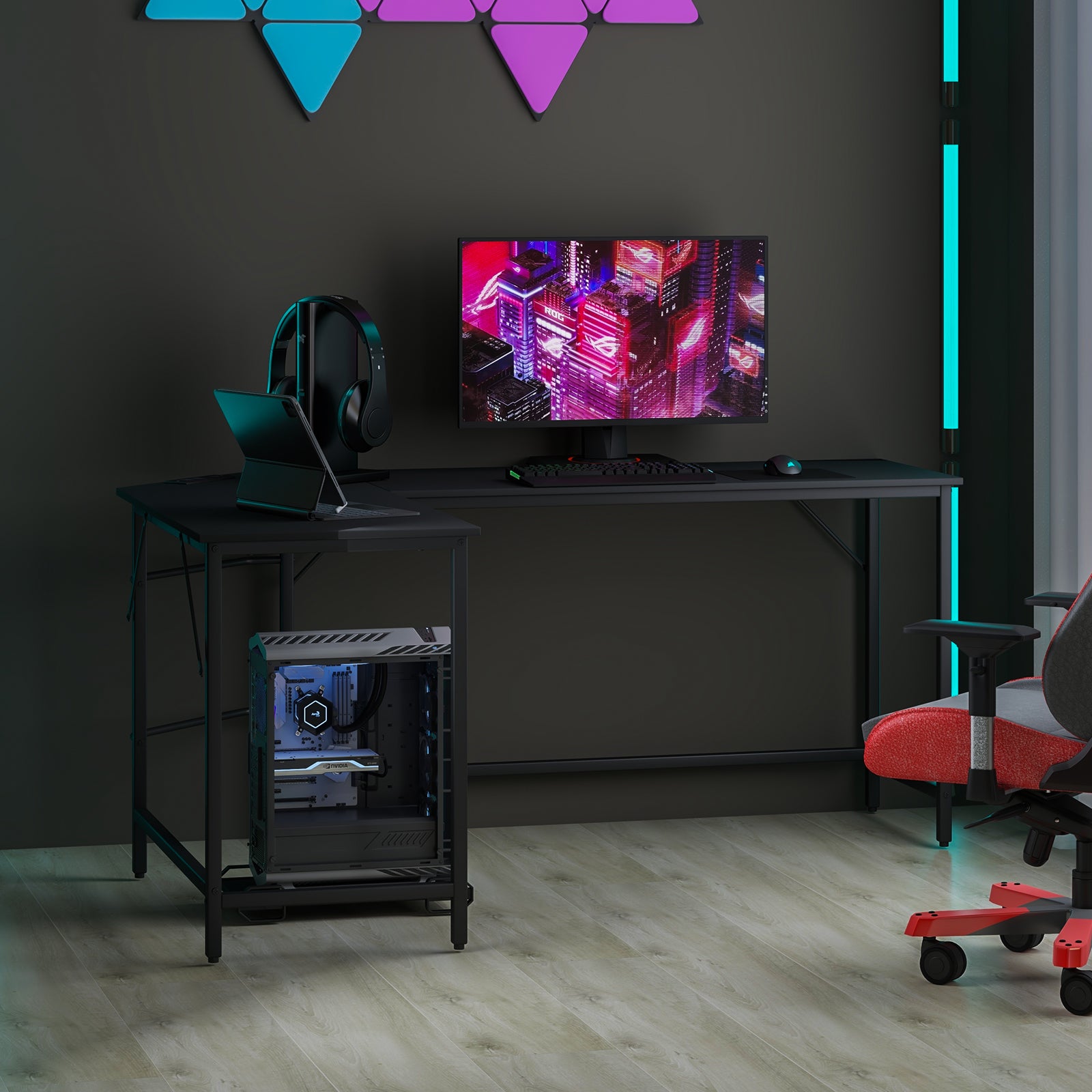 L-Shaped Desk with Power Outlet CPU Stand and Heavy-duty Metal Frame-Black