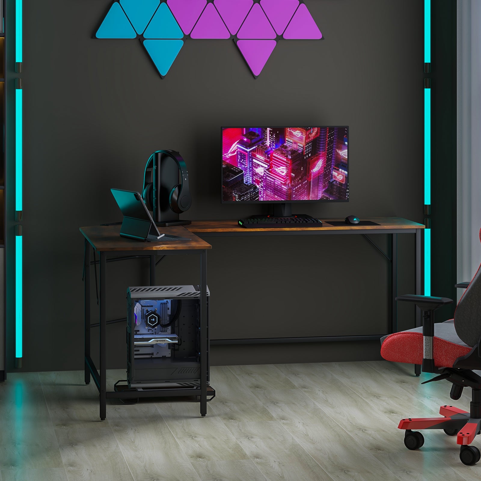 L-Shaped Desk with Power Outlet CPU Stand and Heavy-duty Metal Frame-Rustic Brown