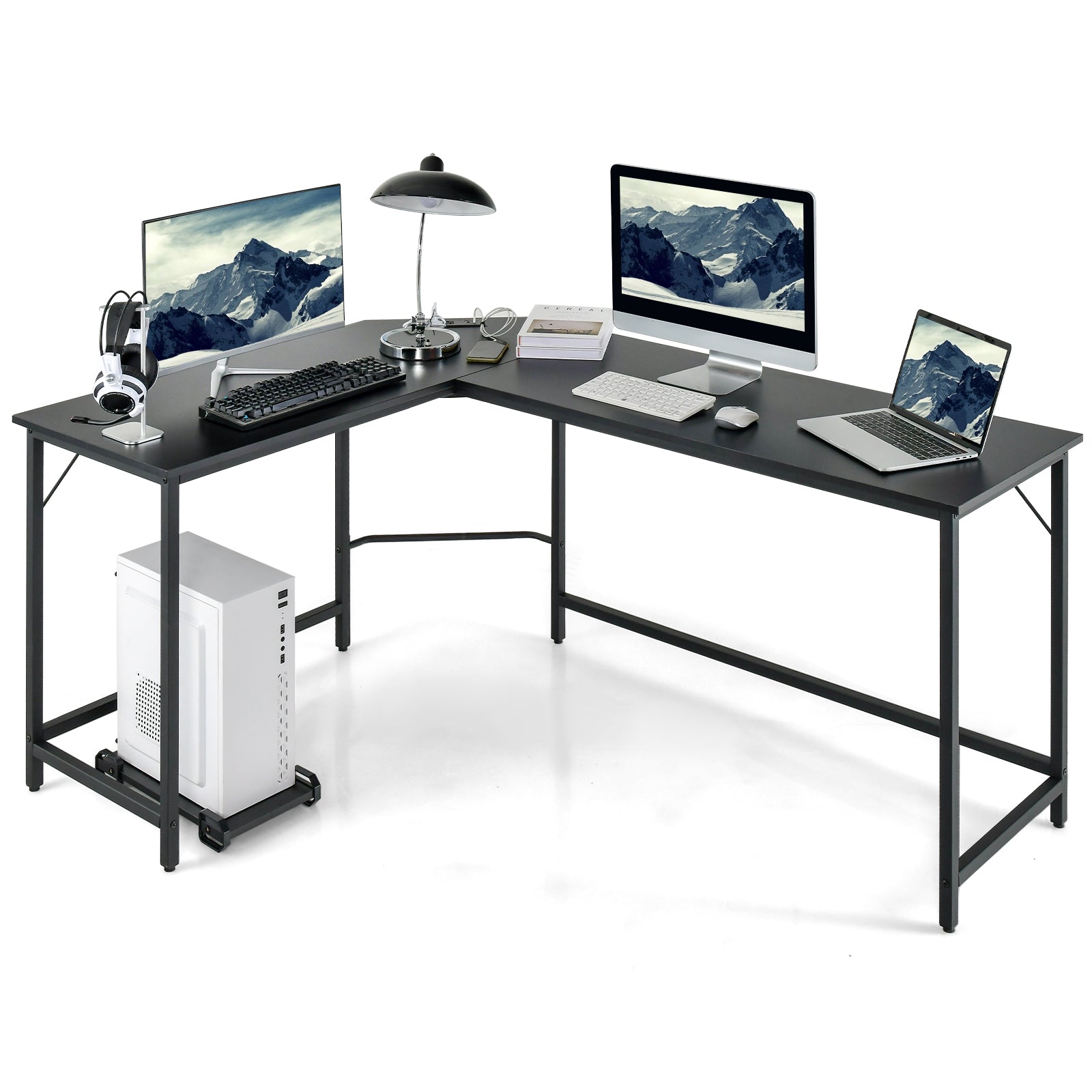 L-Shaped Desk with Power Outlet CPU Stand and Heavy-duty Metal Frame-Black