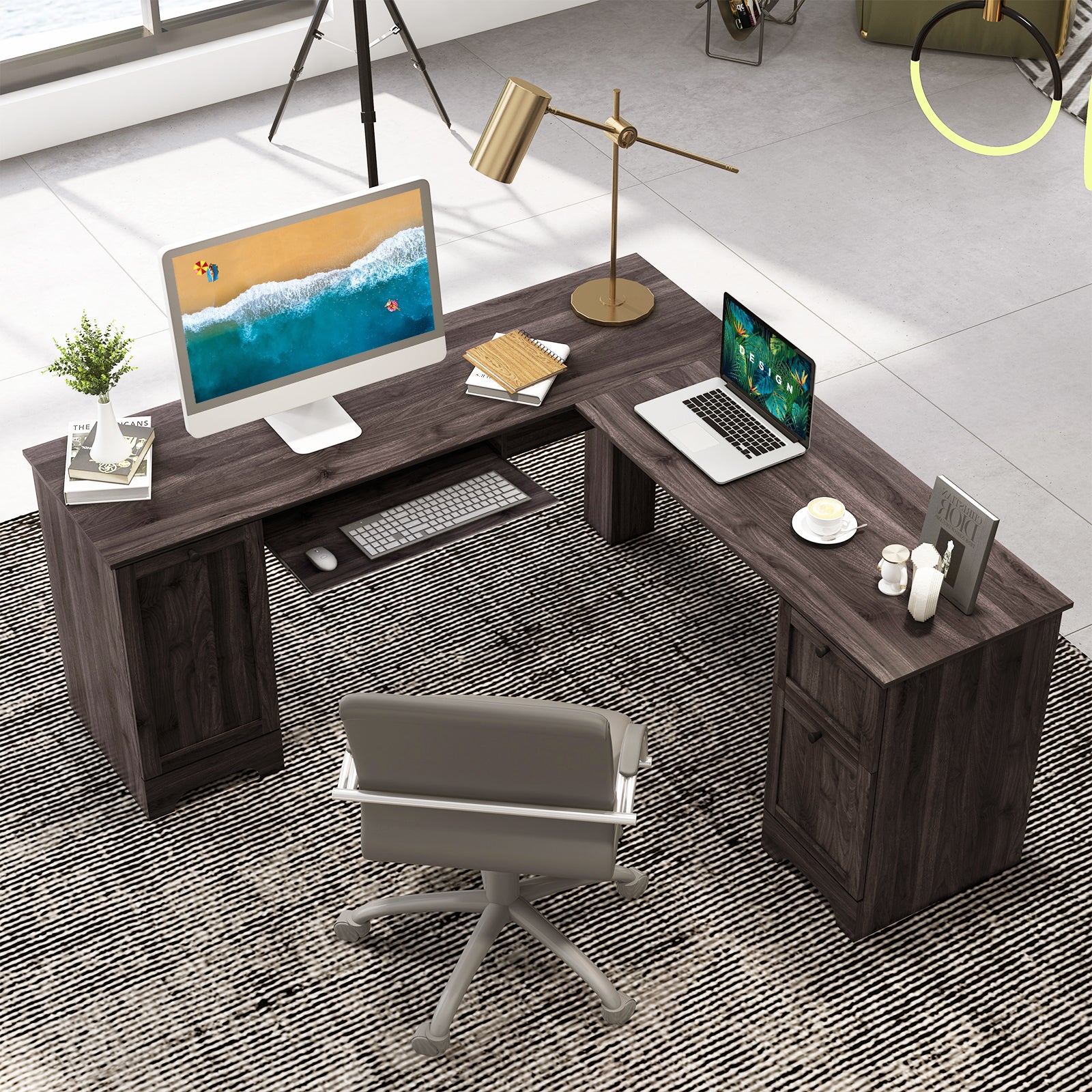 L-Shaped Corner Computer Desk with Drawers and Keyboard Tray-Dark Brown
