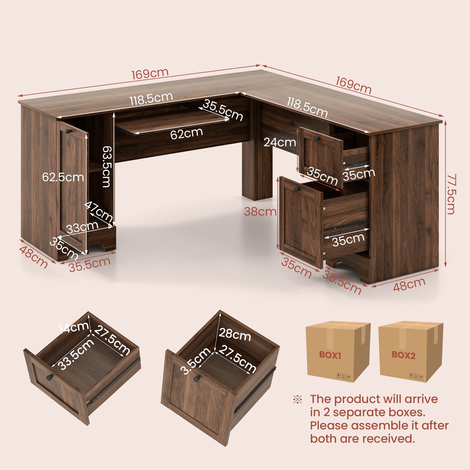 L-Shaped Corner Computer Desk with Drawers and Keyboard Tray-Walnut