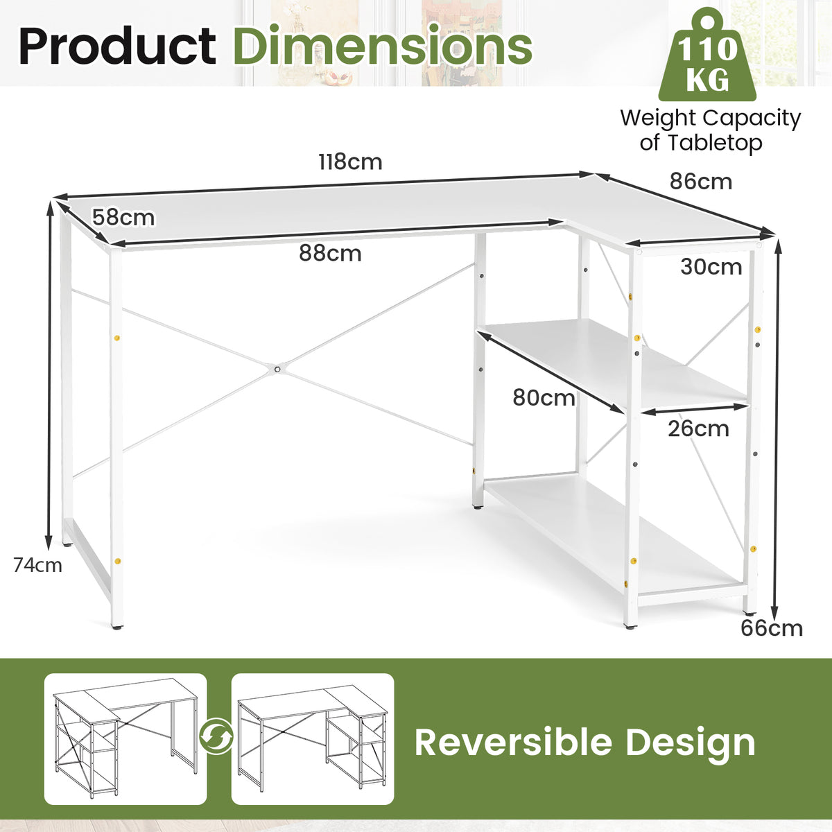 L-shaped Computer Desk Reversible Corner Desk with Adjustable Shelf-White