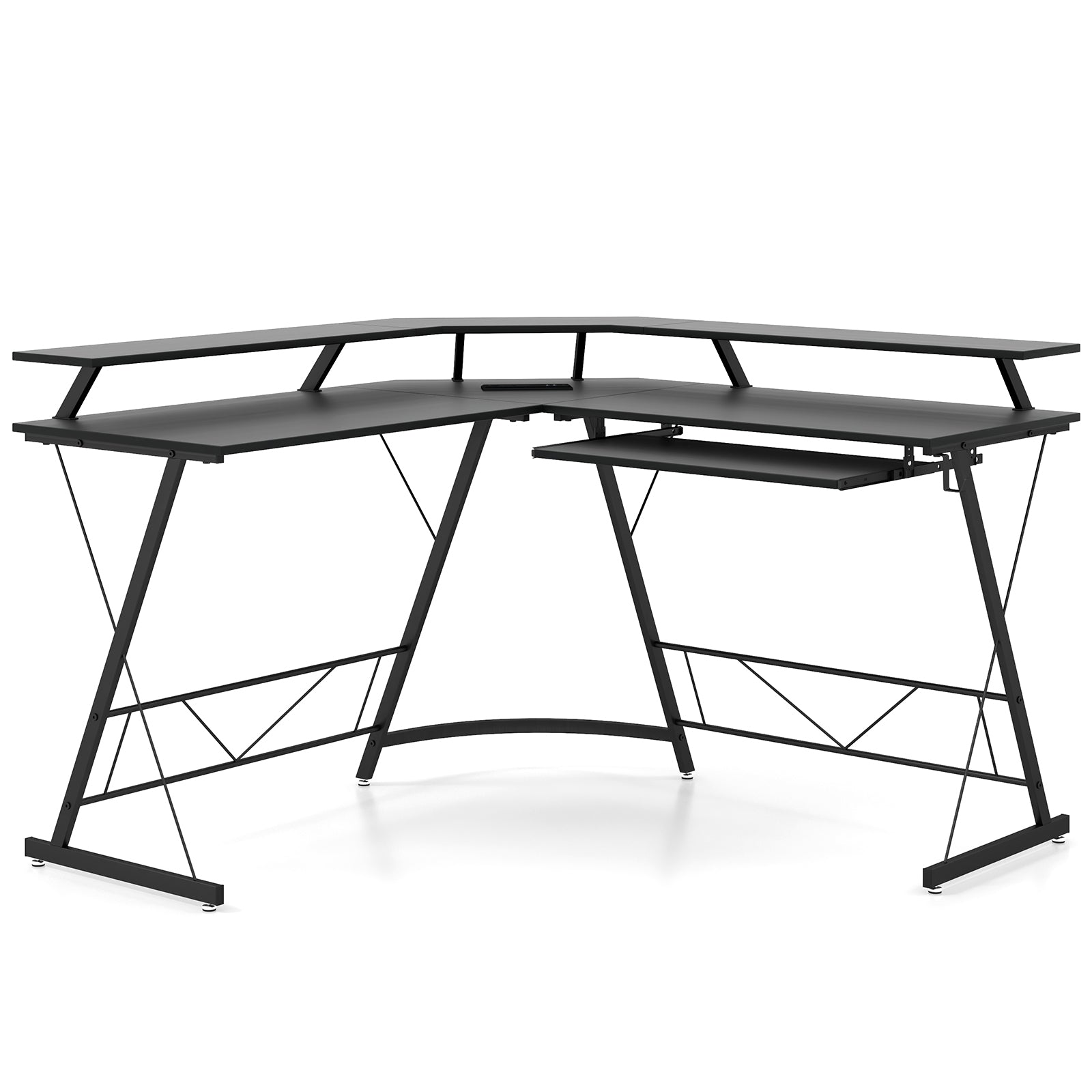 L-shaped Computer Desk with Power Outlet and Monitor Stand-Black