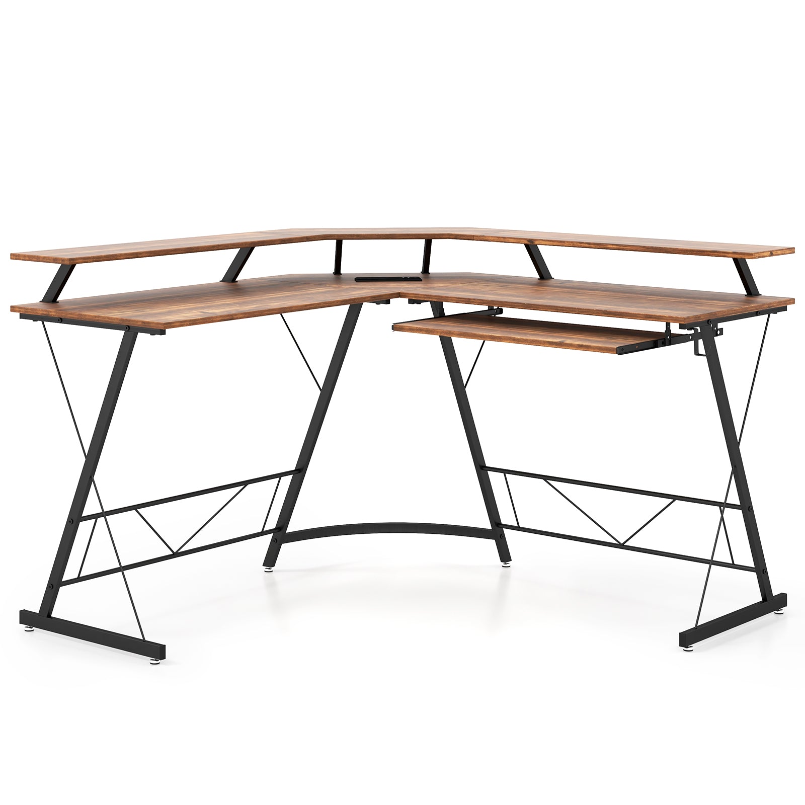 L-shaped Computer Desk with Power Outlet and Monitor Stand-Rustic Brown