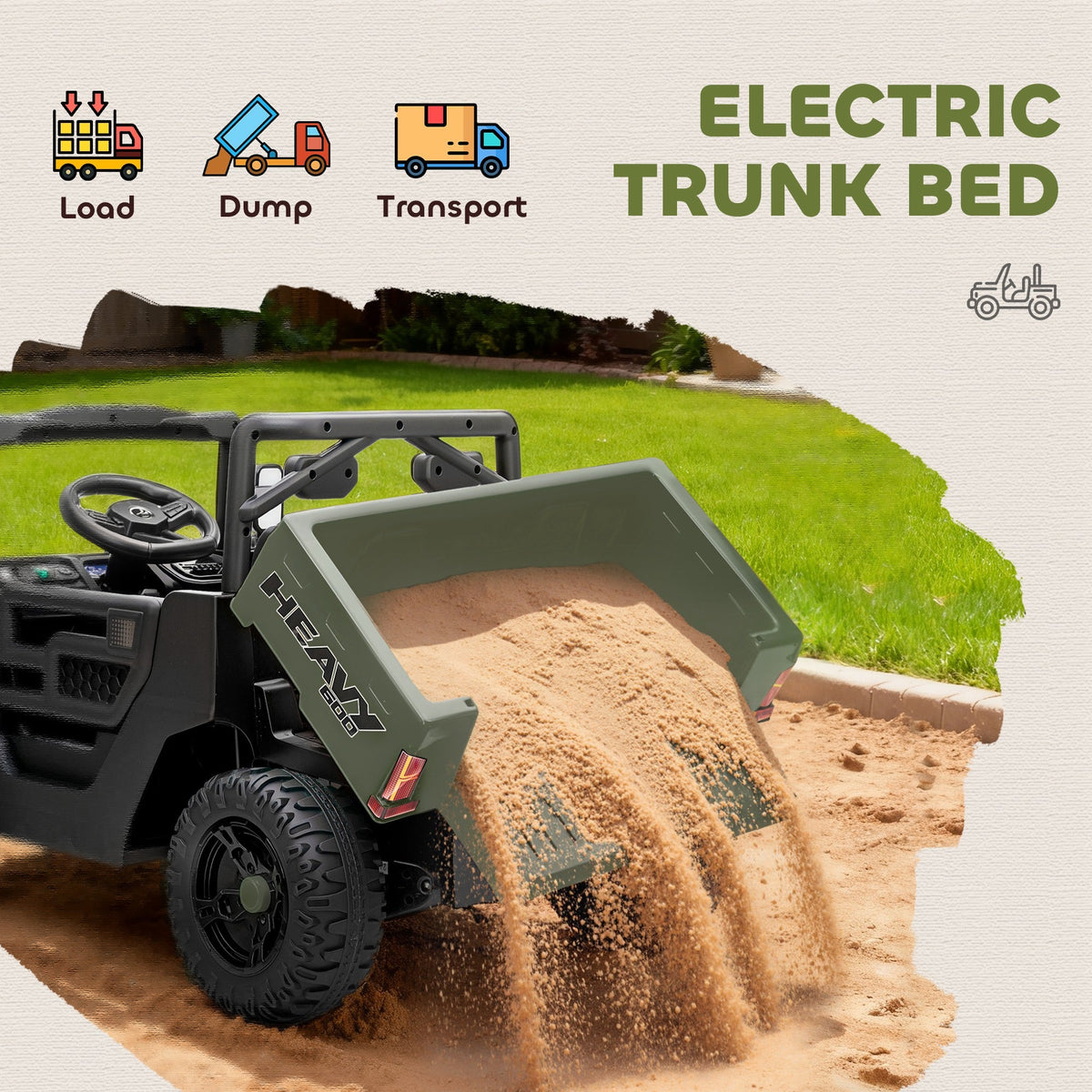 AIYAPLAY Kids Ride on Car, 12V Electric Kids UTV with Electric Dump Bed, 4-Wheel Suspension for 3-8 Years, Green