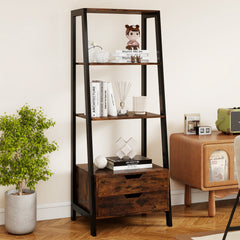 Ladder Bookshelf Tall Freestanding Display Rack with Storage-Rustic Brown