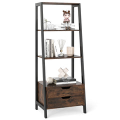 Ladder Bookshelf Tall Freestanding Display Rack with Storage-Rustic Brown