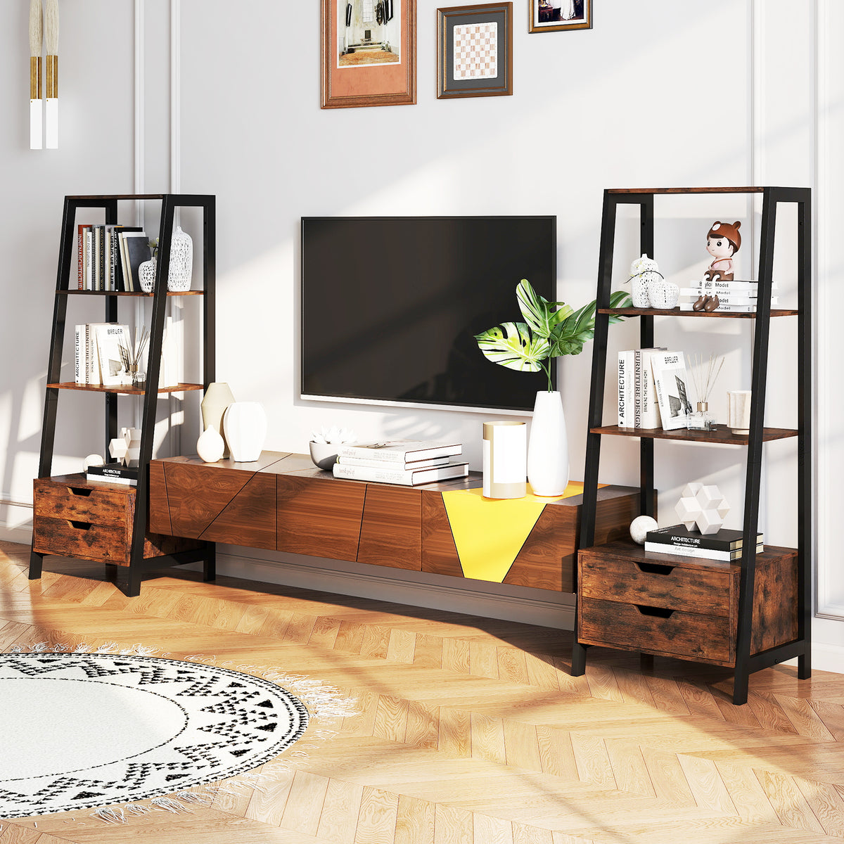Ladder Bookshelf Tall Freestanding Display Rack with Storage-Rustic Brown