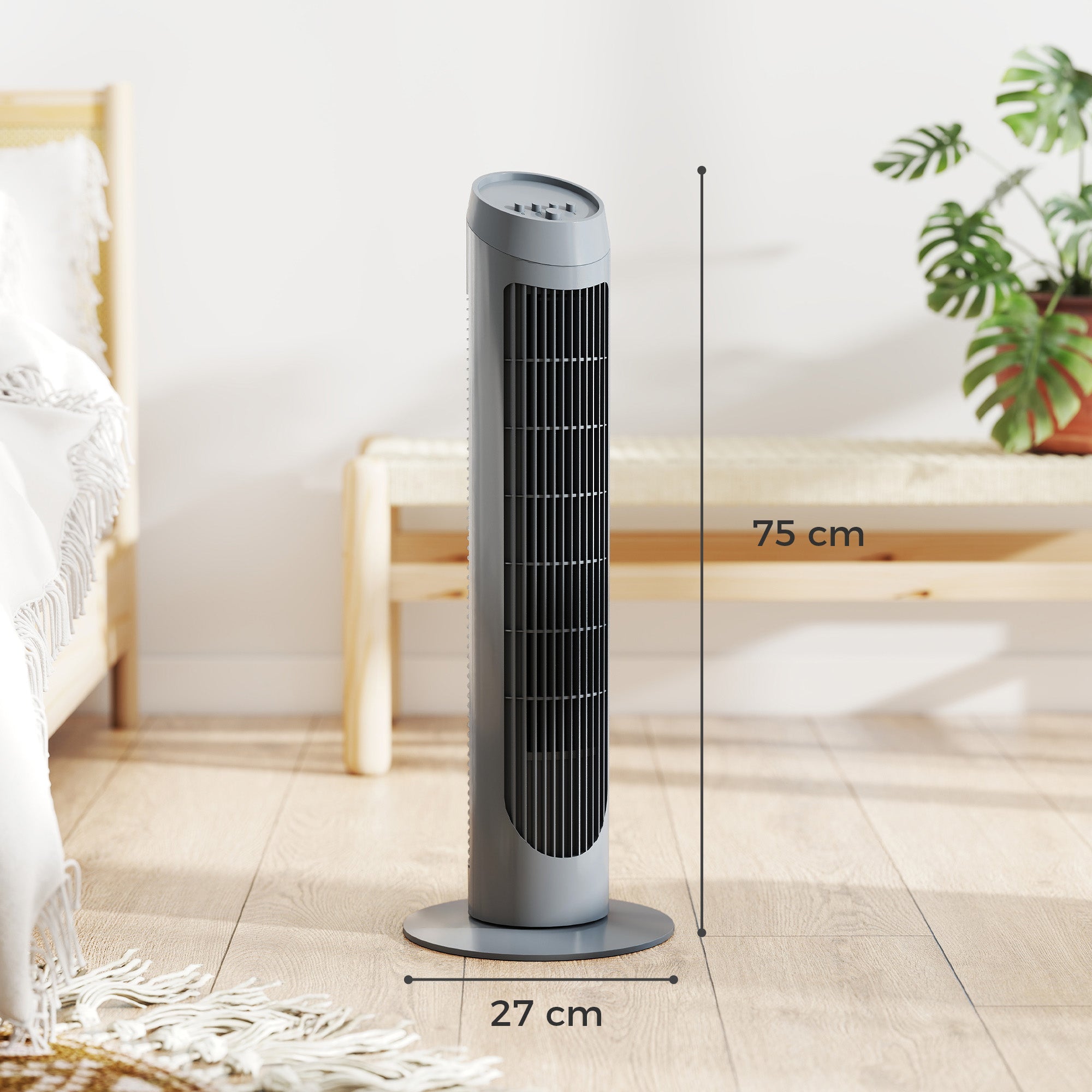 HOMCOM Tower Fan for Bedroom Cooling, 75cm Electric 70Â° Oscillating with 3 Speed Settings, Standing Floor Fan, Grey