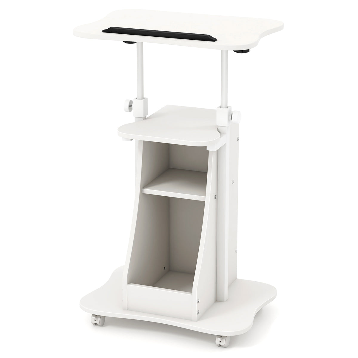 A white height adjustable laptop cart with storage shelves and wheels, viewed from the front